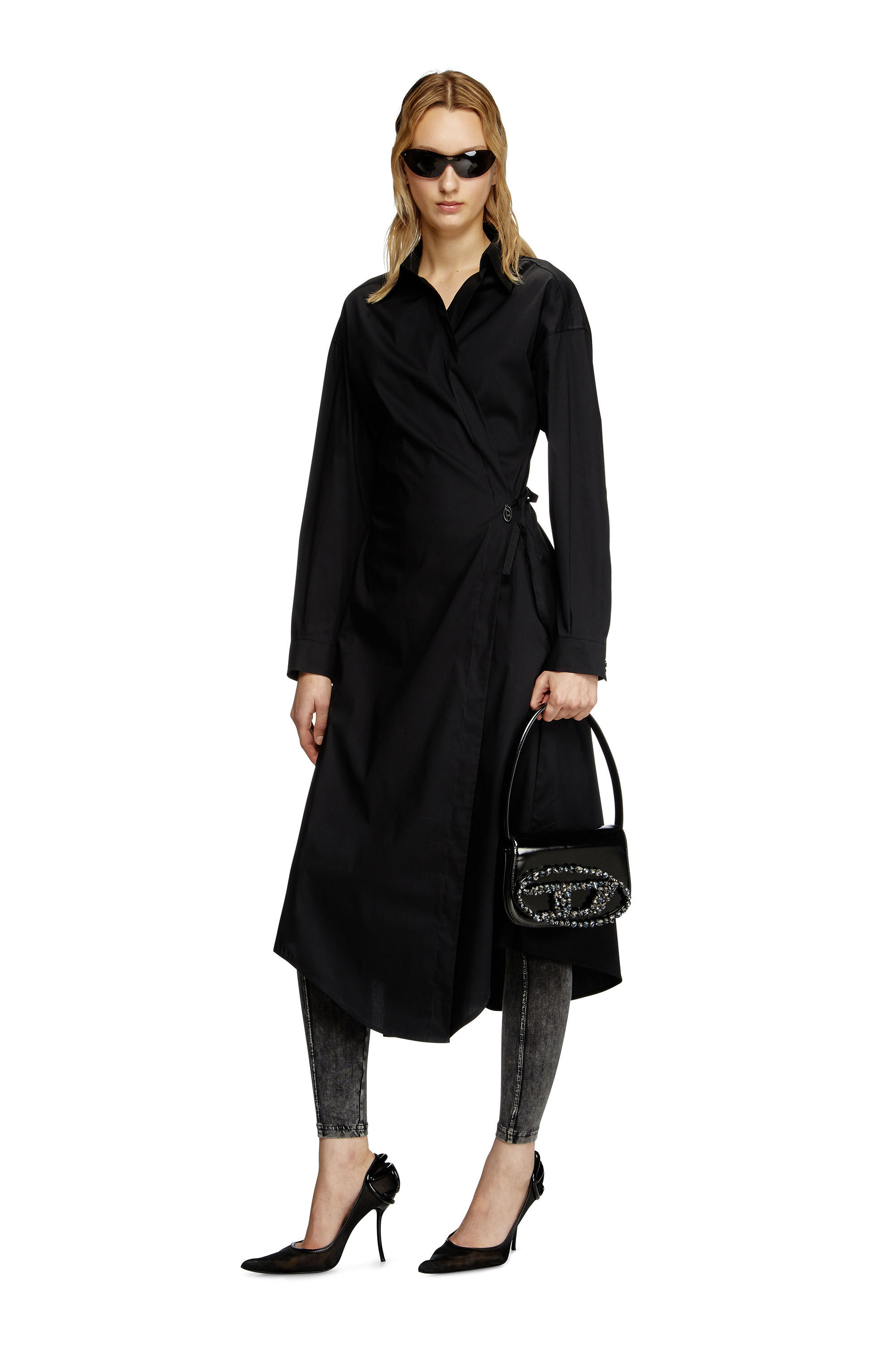 Diesel - D-ELPHI-LONG, Woman's Wrap shirt dress in cotton-blend poplin in Black - 3