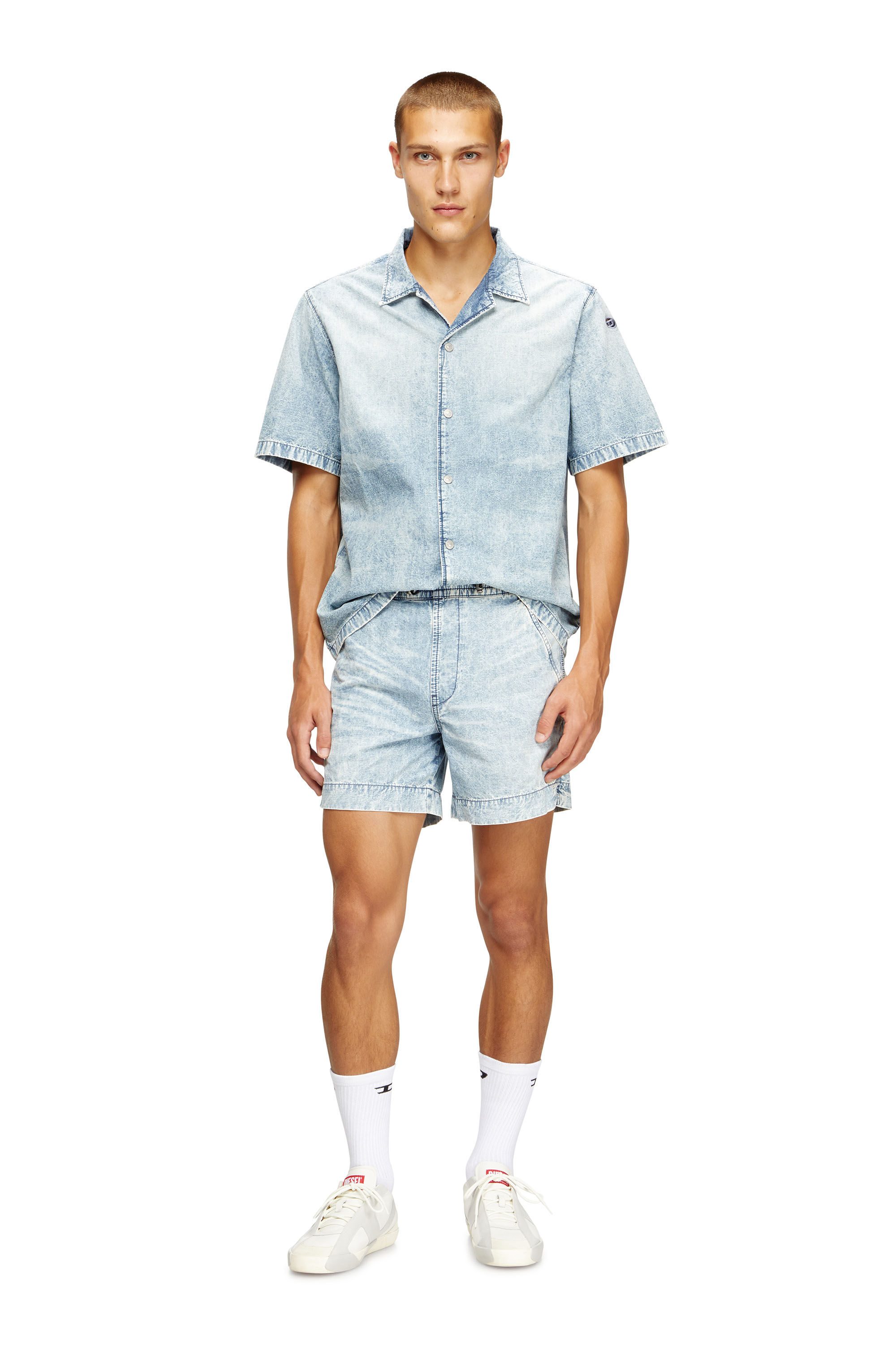 Diesel - D-NABIL-S4, Man's Bowling shirt in marbled denim in null - 1