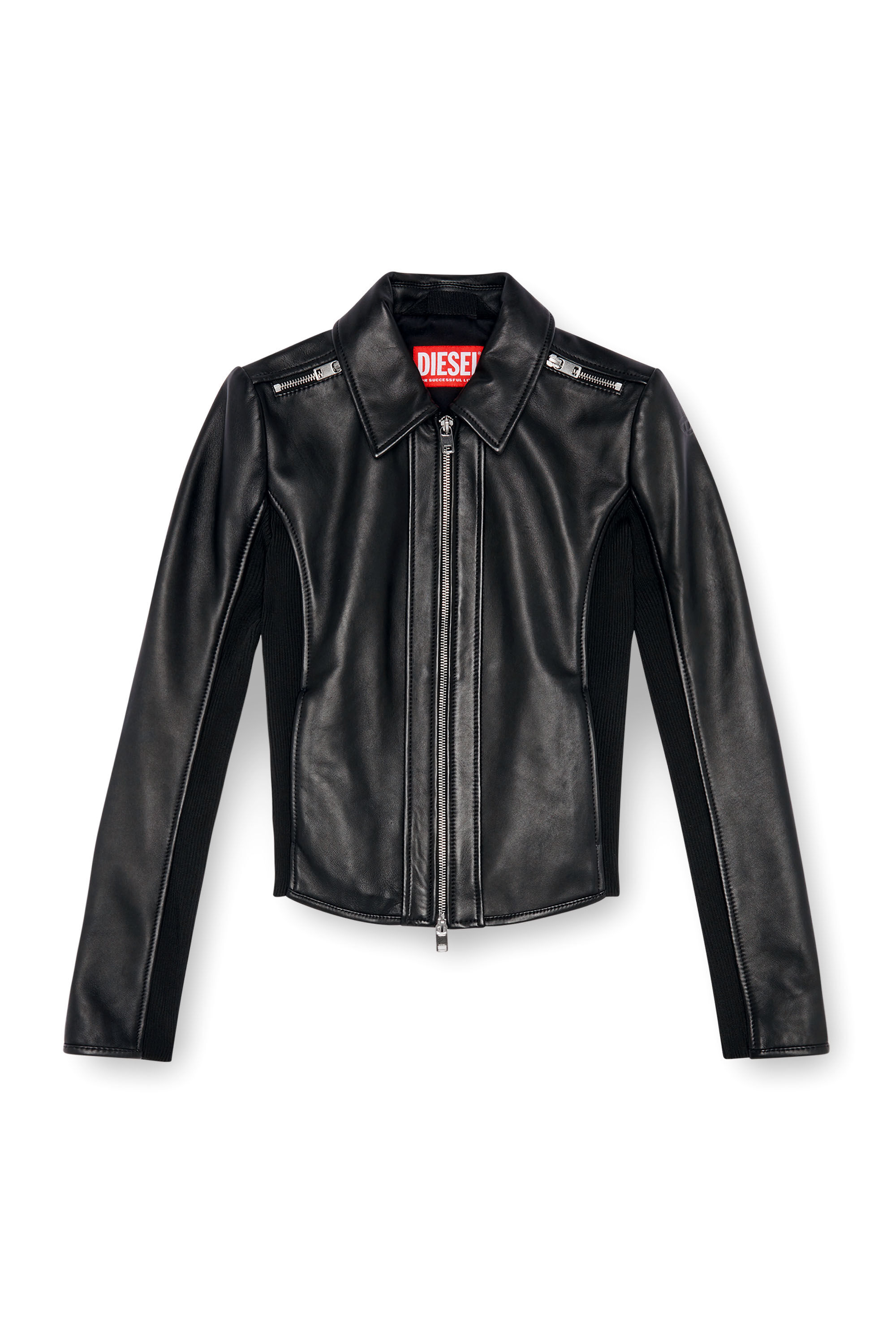 Diesel - L-SASK, Woman's Leather biker jacket with rib panels in Black - 2