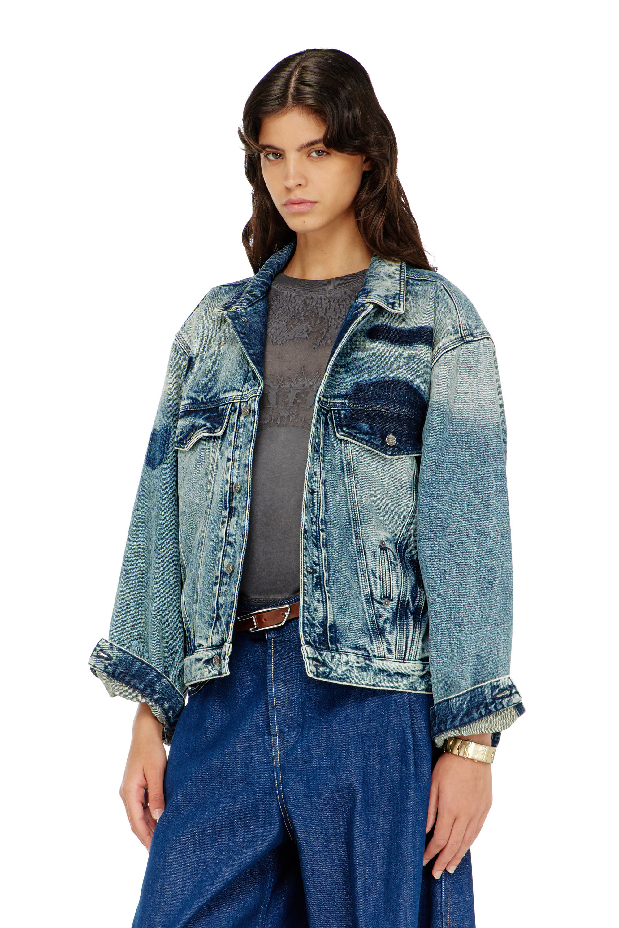 Diesel - D-DENVER-S2, Unisex's Trucker jacket with patch effects in Medium blue - 6