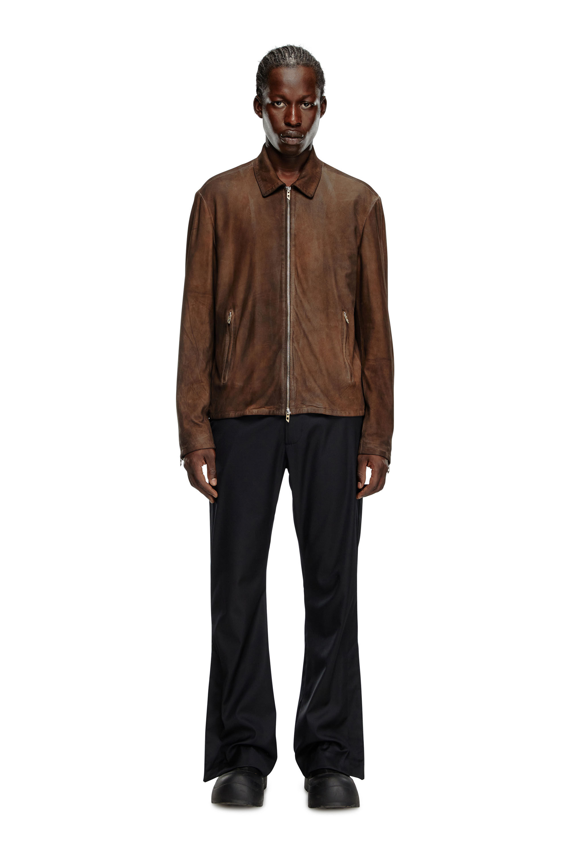 Diesel - L-CROMBE, Man's Blouson jacket in treated leather in Brown - 1