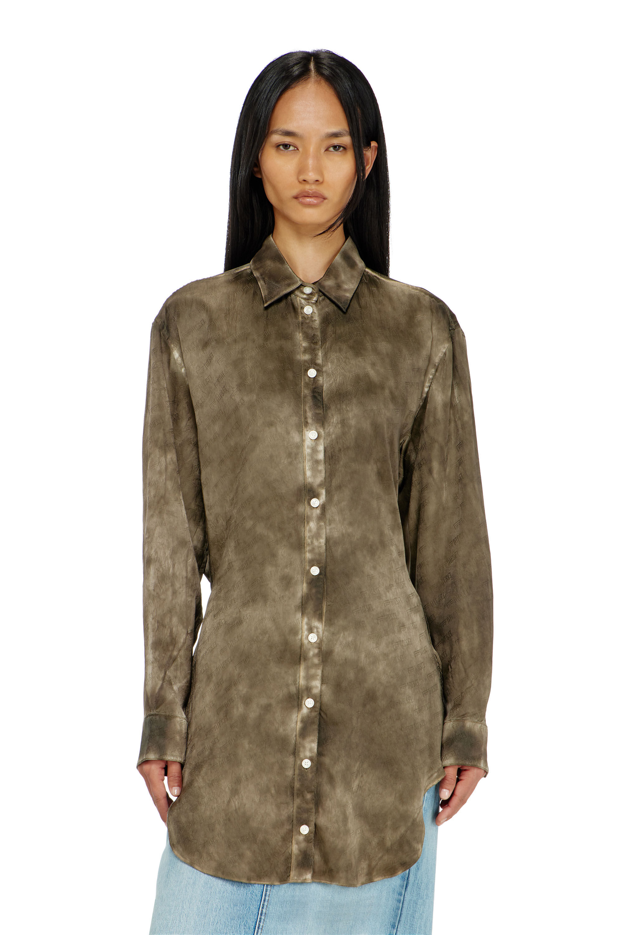 Diesel - C-LAVEL, Woman's Long shirt in logo-jacquard crinkled satin in null - 5