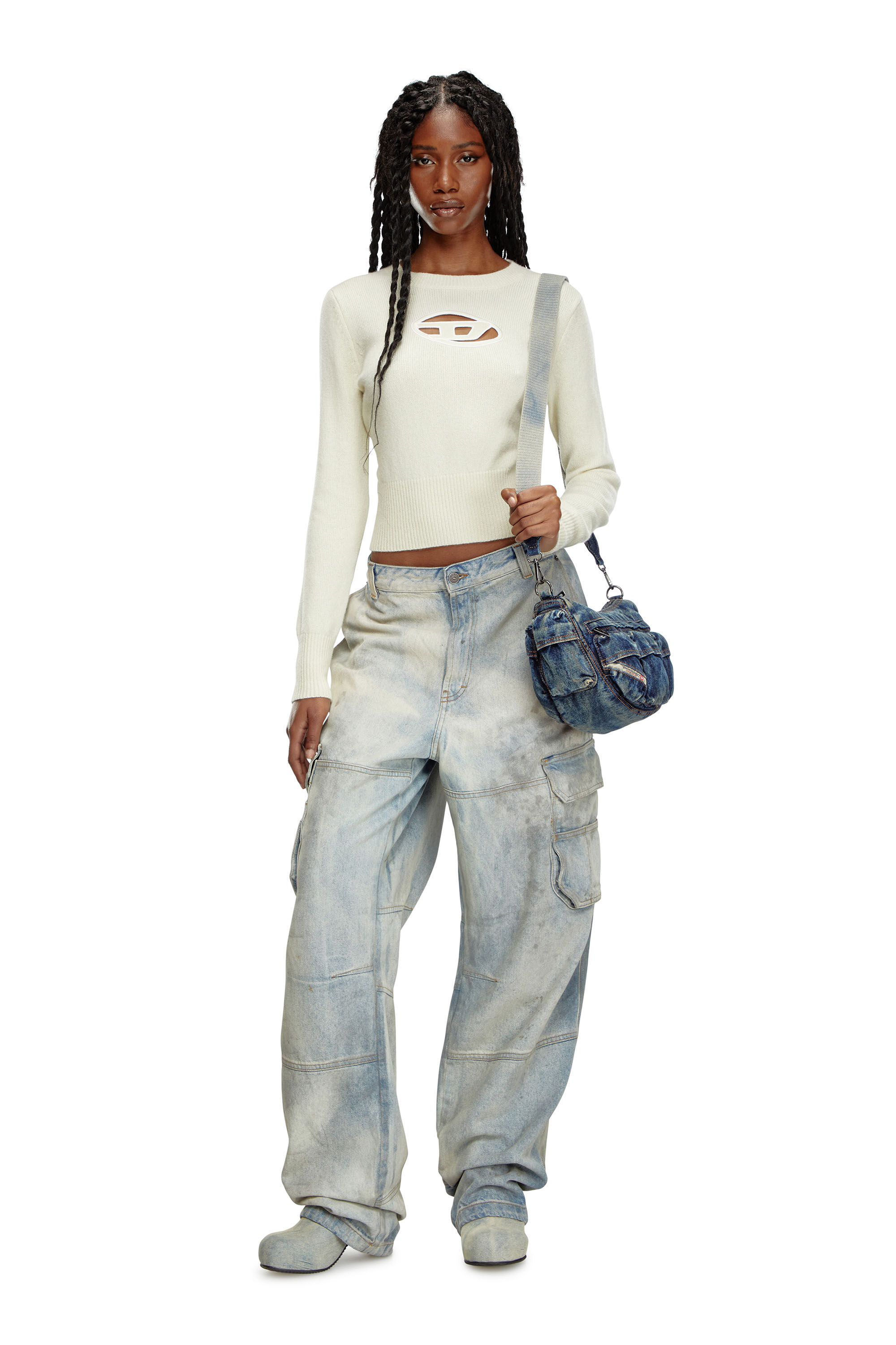 Diesel - M-AREESA, Woman's Jumper with embroidered cut-out logo in White - 1