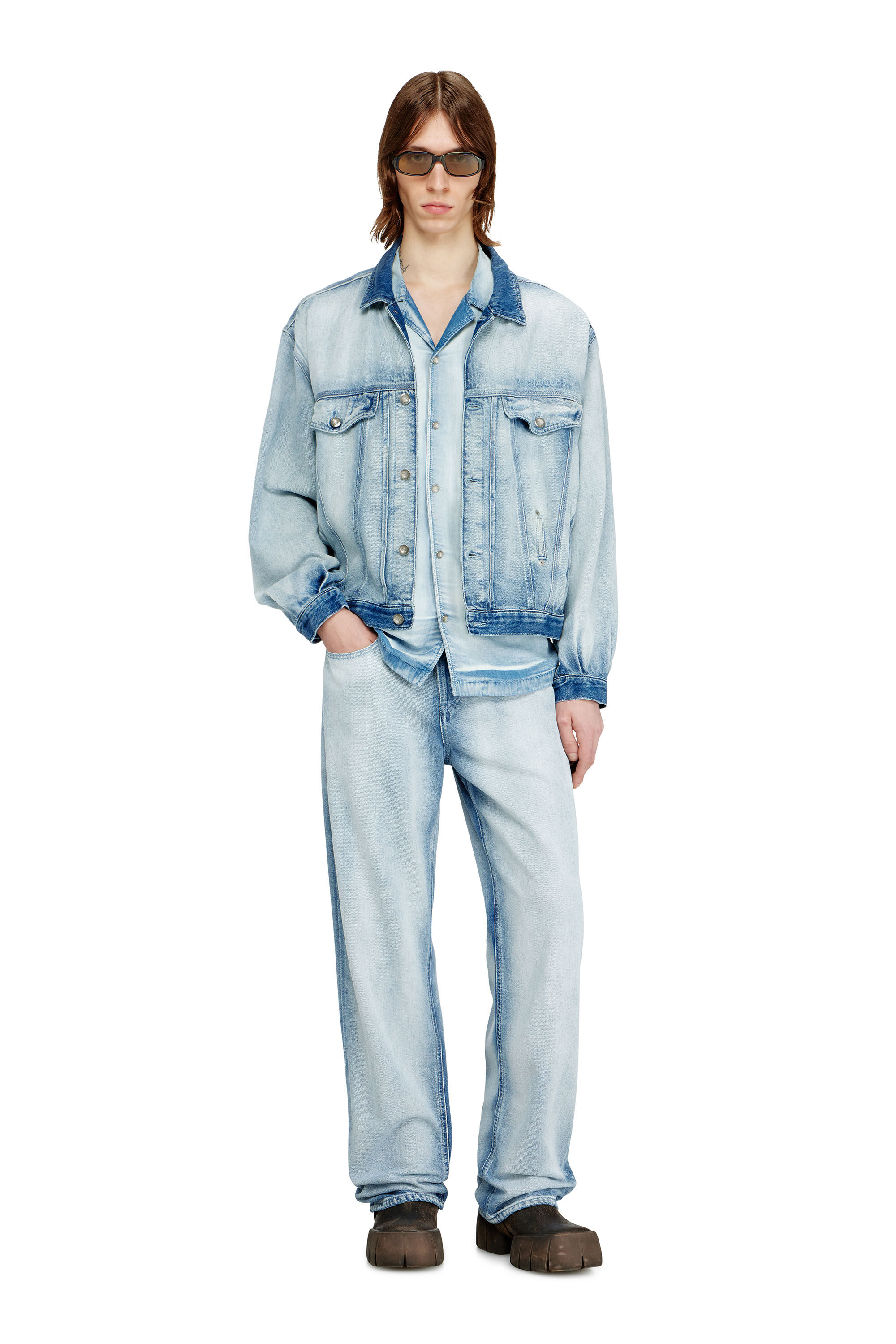 Diesel - D-DENVER-FSI1, Unisex's Trucker jacket in medium-light skeleton denim in Light Blue - 1