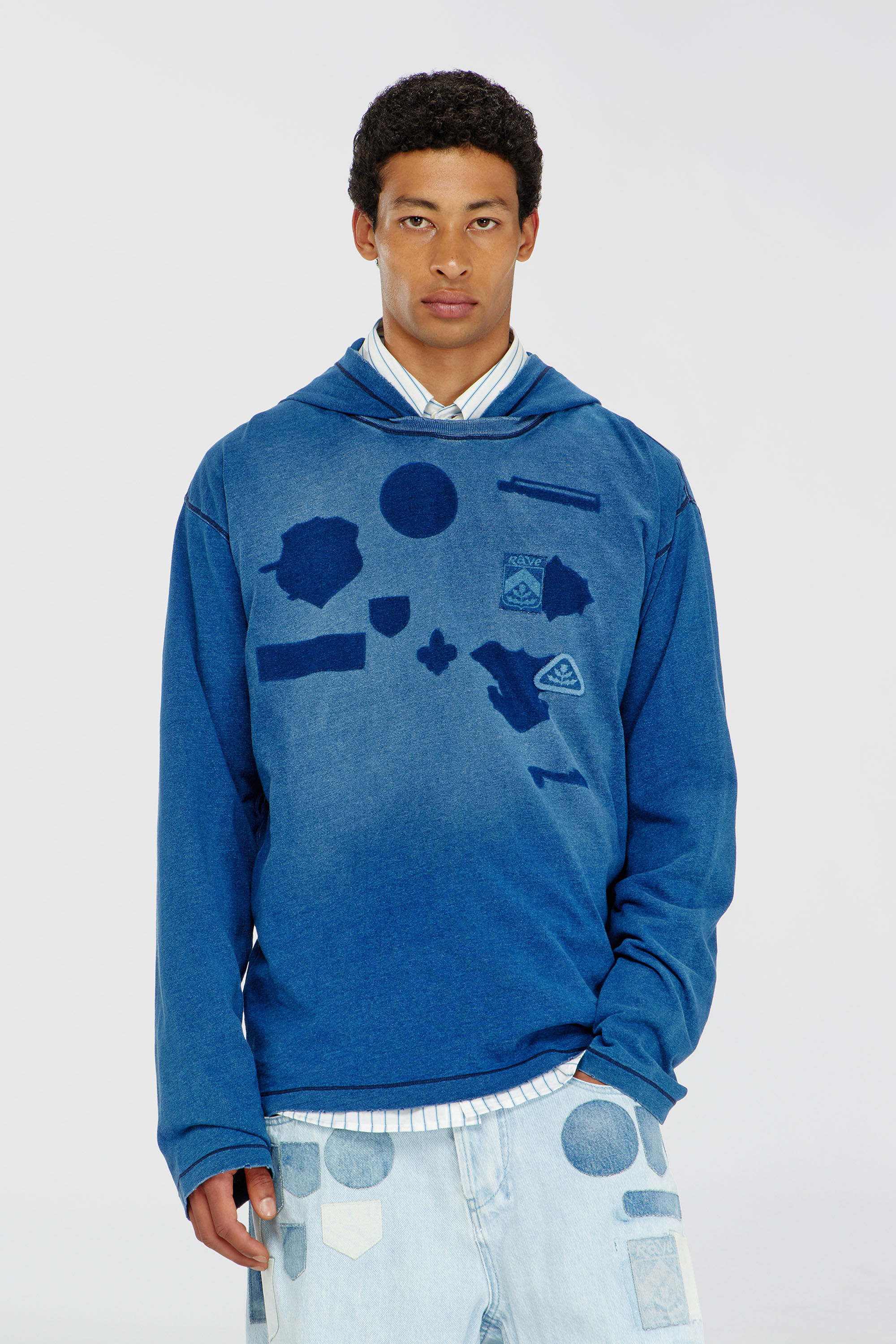 Diesel - T-NOX-LS-HOOD, Man's Hooded long-sleeve T-shirt with shadow-effect patches in Medium blue - 3