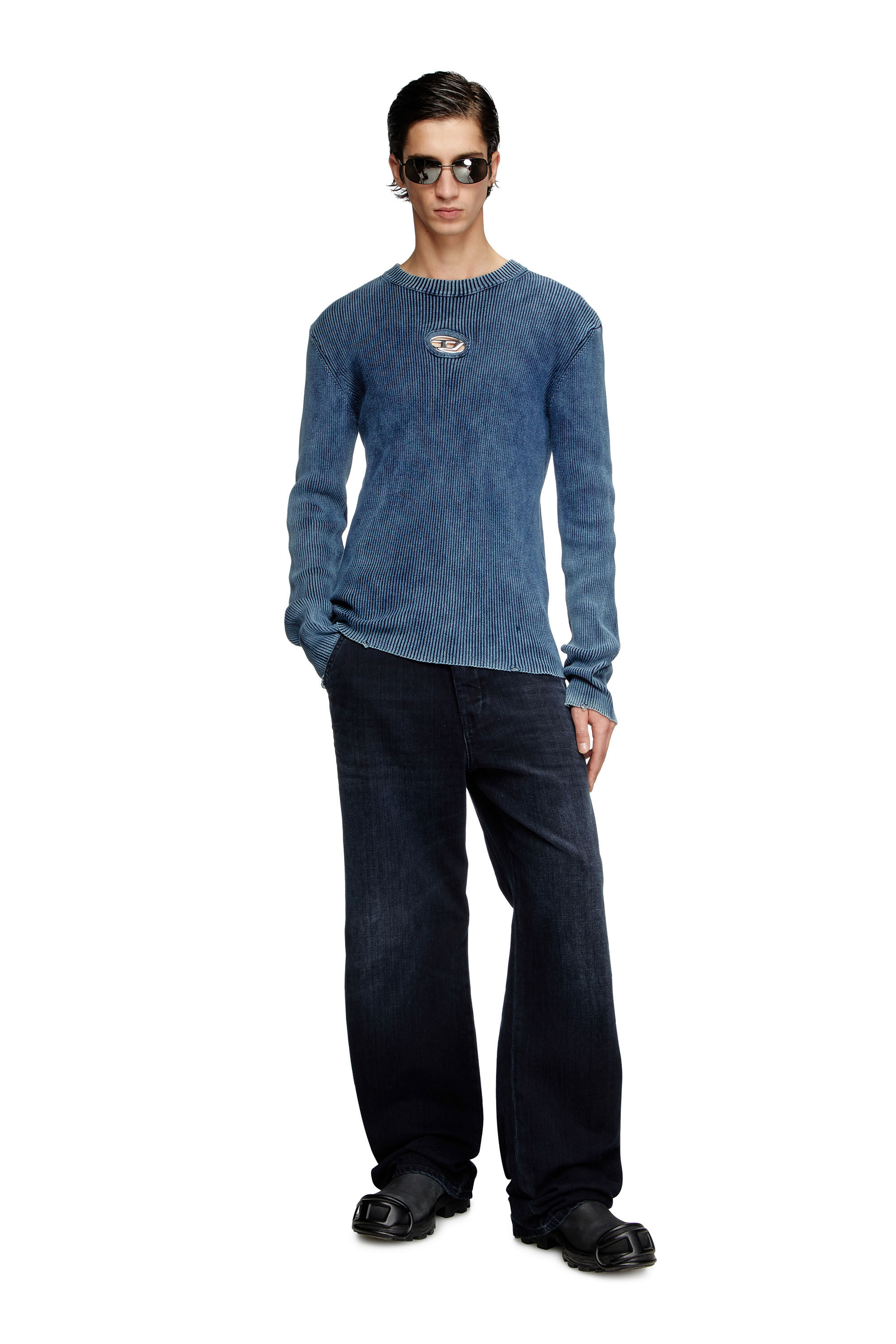 Diesel - K-DARIN-D, Man's Distressed jumper with cut-out logo in Blue - 1