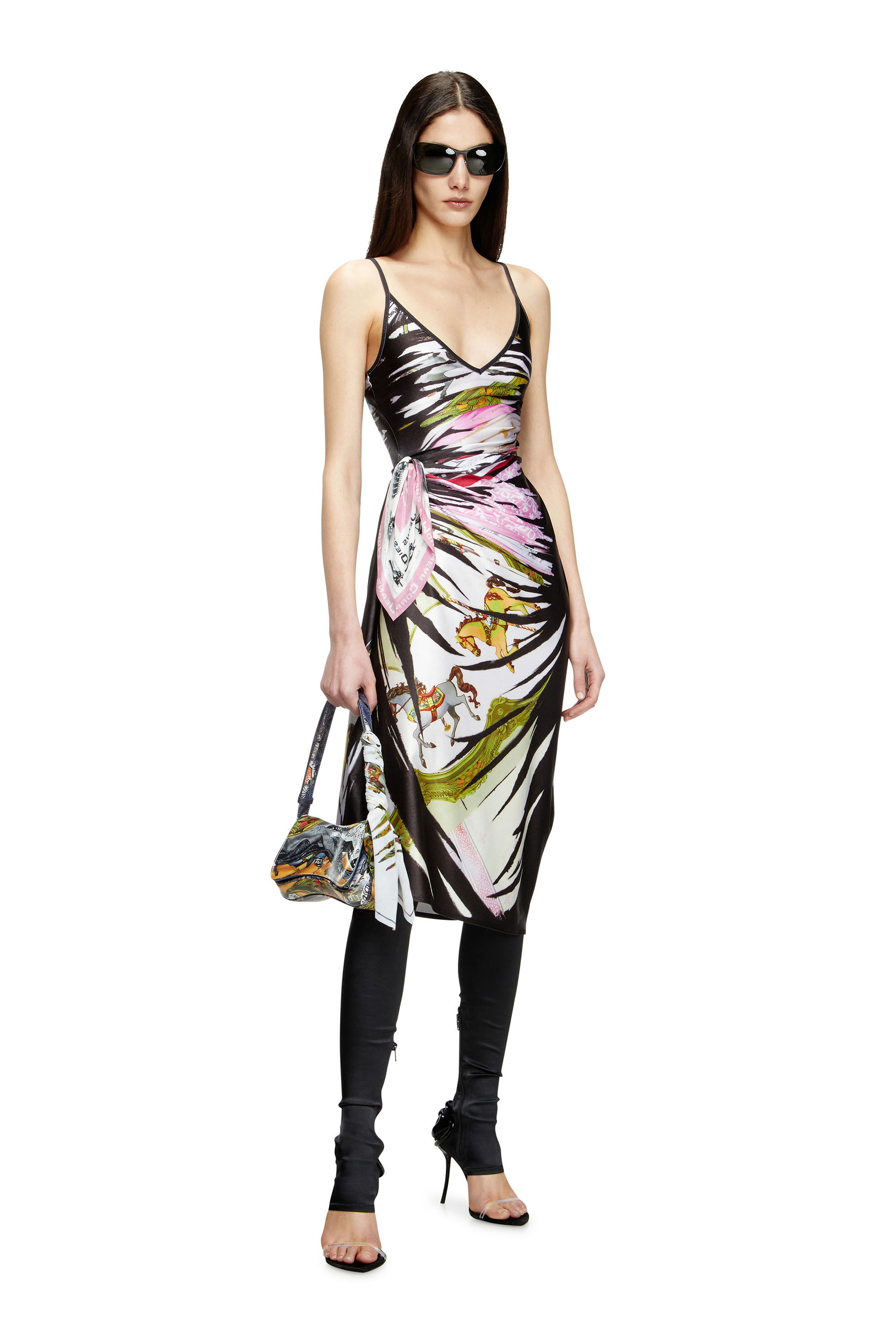 Diesel - D-OROTYS, Woman's Draped midi dress with bandana print in Black/White - 1