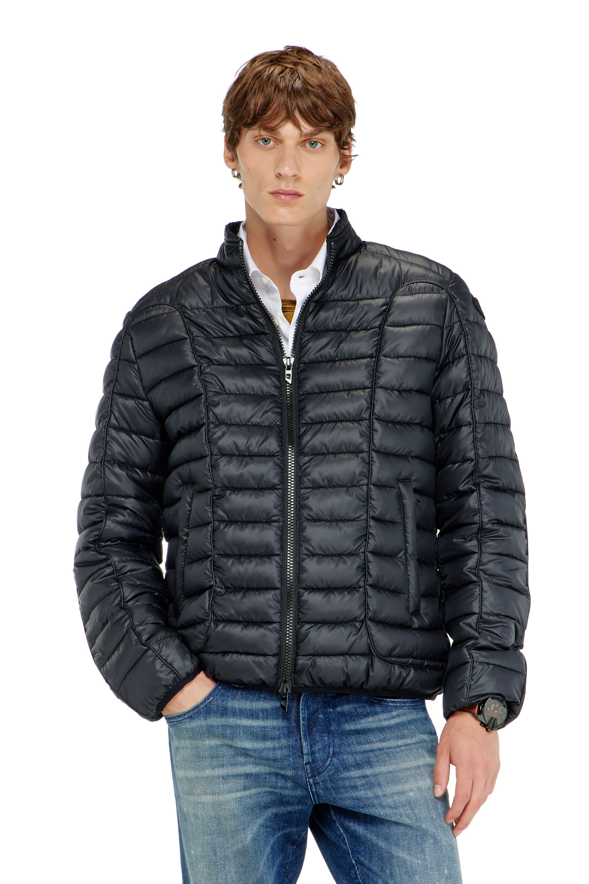 Diesel - W-PILOT-WRD, Man's Biker-style puffer jacket with tonal piping in Black - 3