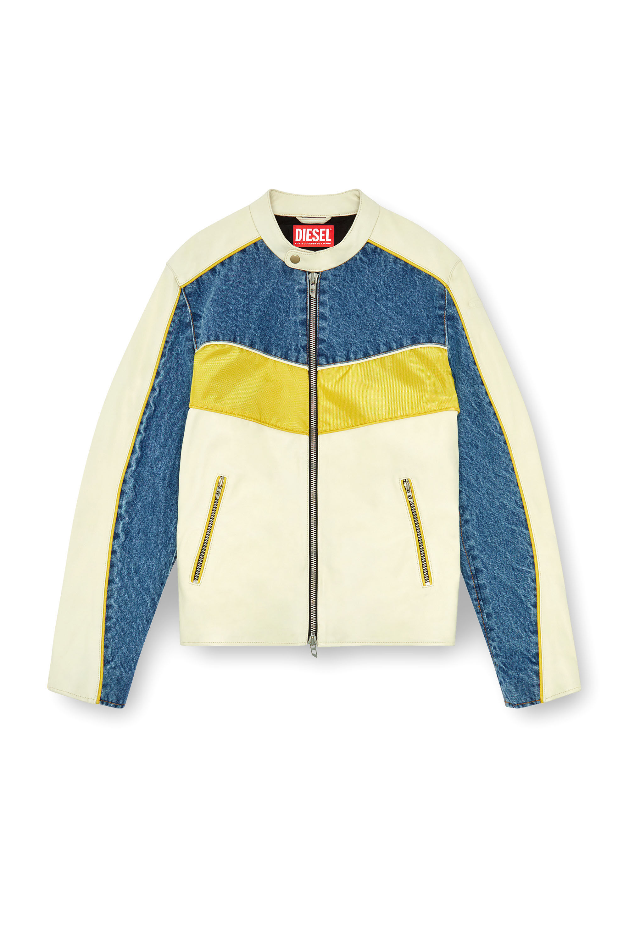 Diesel - L-LEOPOL, Man's Denim and shell-panelled leather jacket in White/Yellow - 2