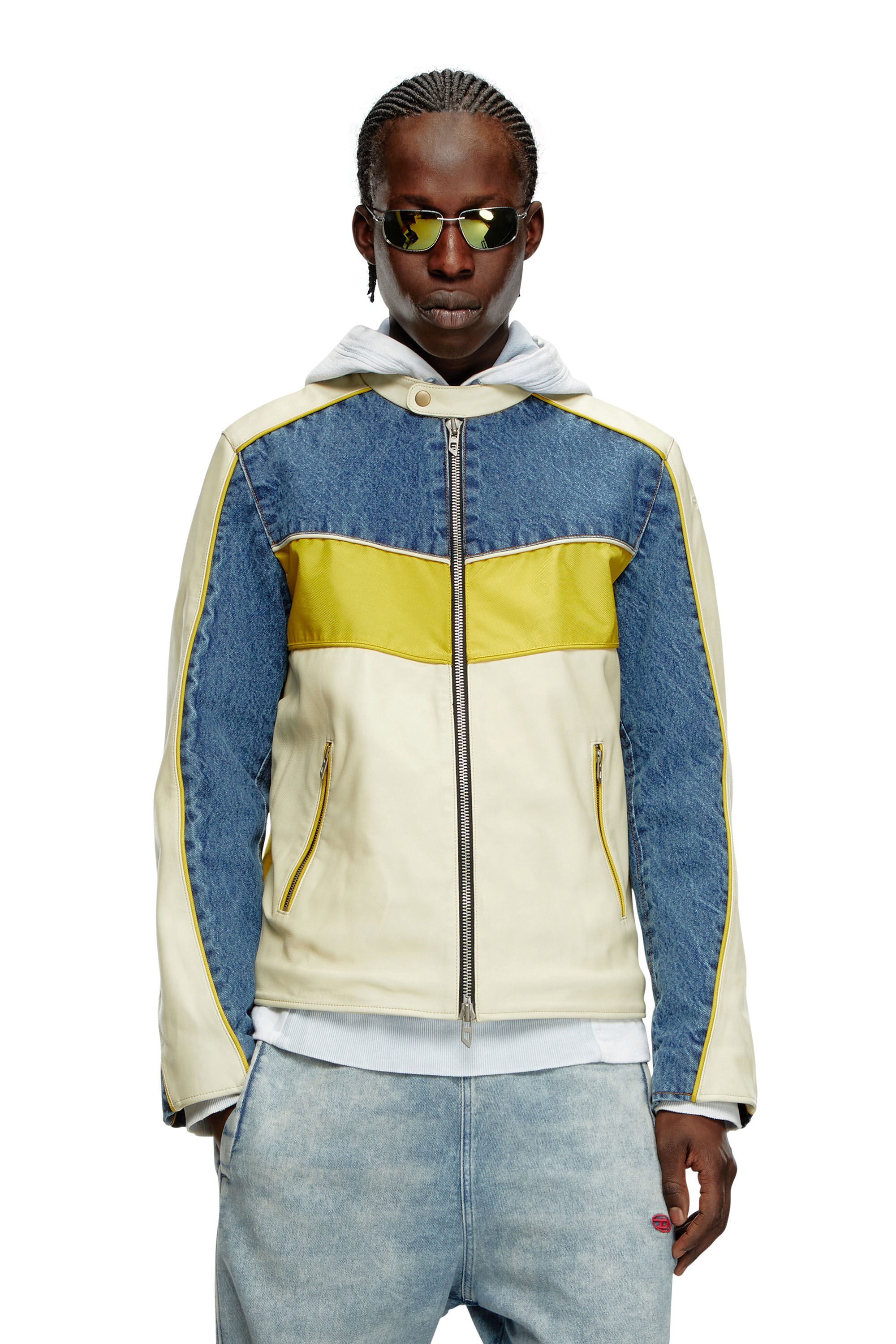 Diesel - L-LEOPOL, Man's Denim and shell-panelled leather jacket in White/Yellow - 3