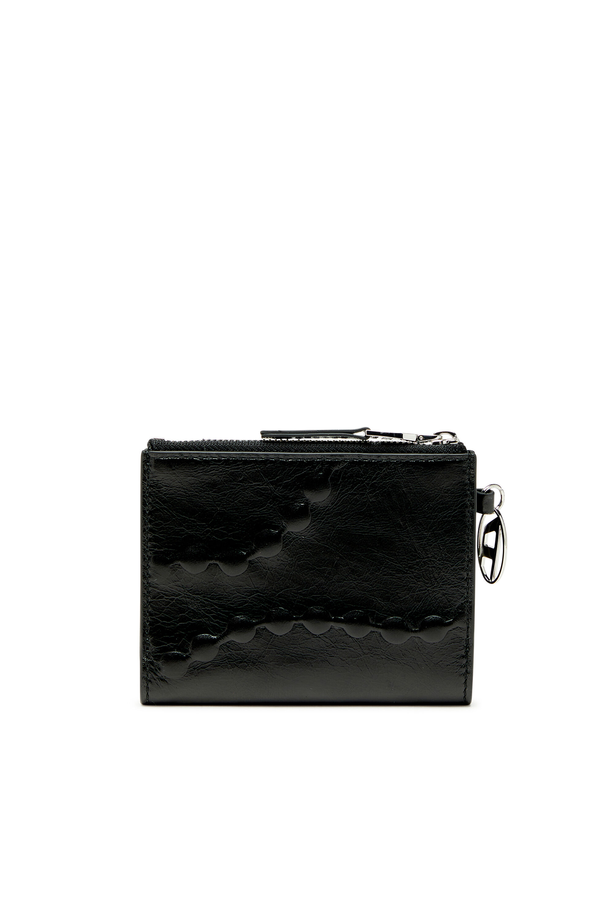 Diesel - OVAL-D BI FOLD ZIP II, Woman's Leather bi-fold wallet with embossed chain motif in Black - 2