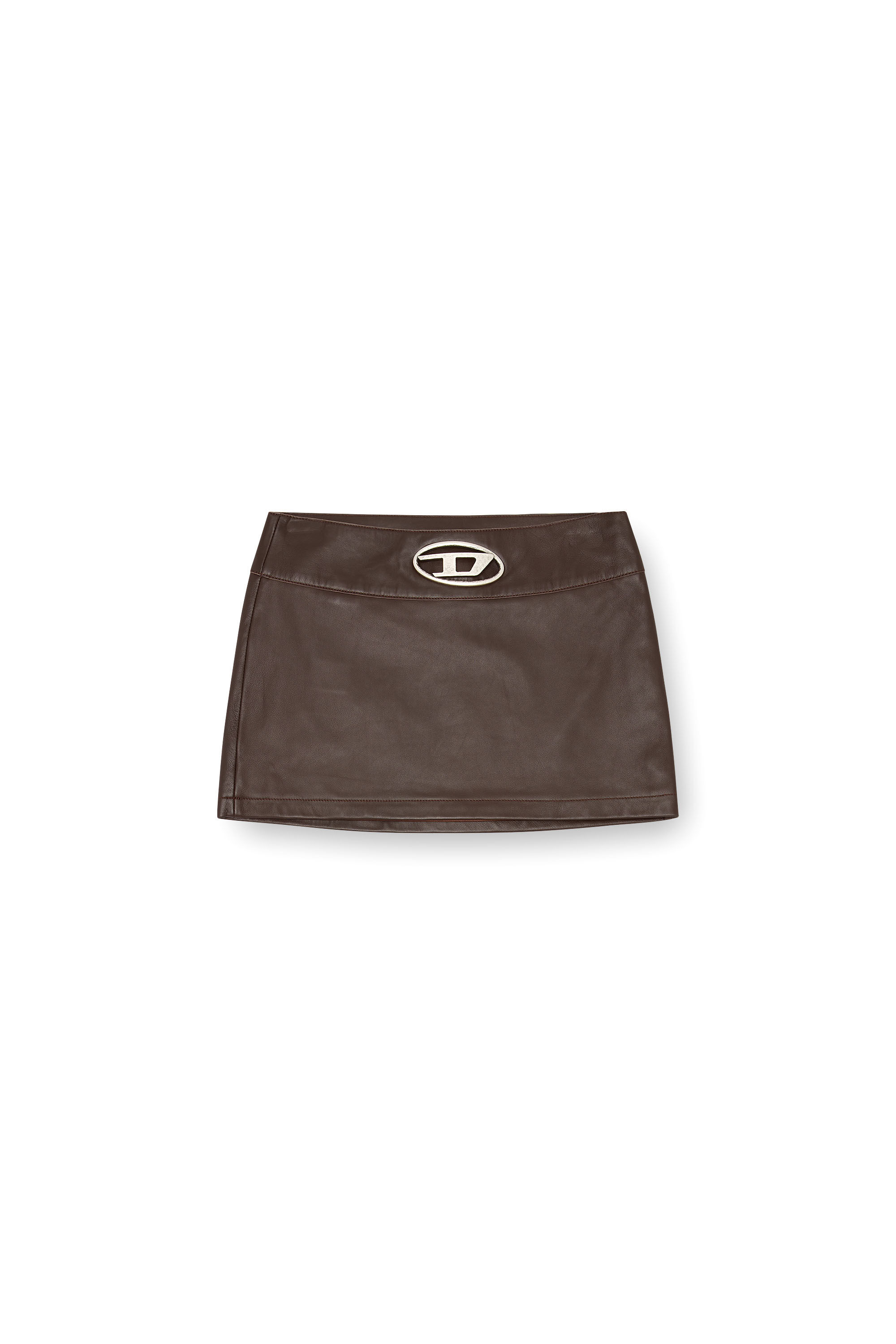 Diesel - L-DIXY, Woman's Leather mini skirt with metal logo in Brown - 2