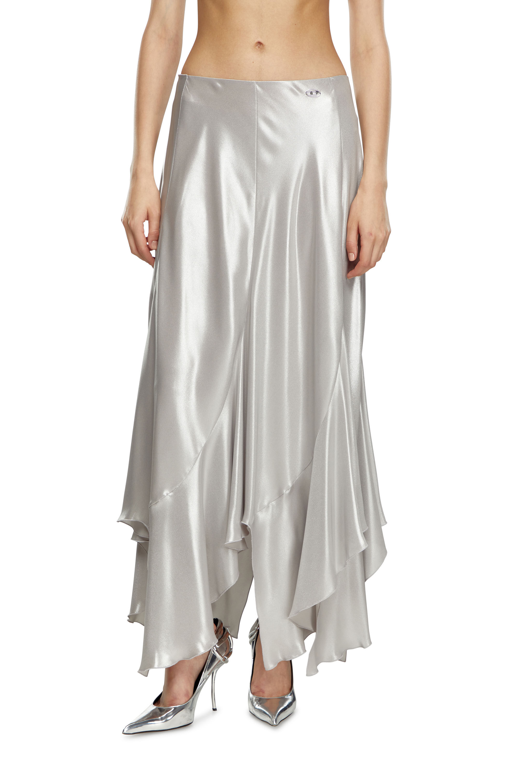 Diesel - O-NAMIT, Woman's Long asymmetric metallic skirt in Silver - 3