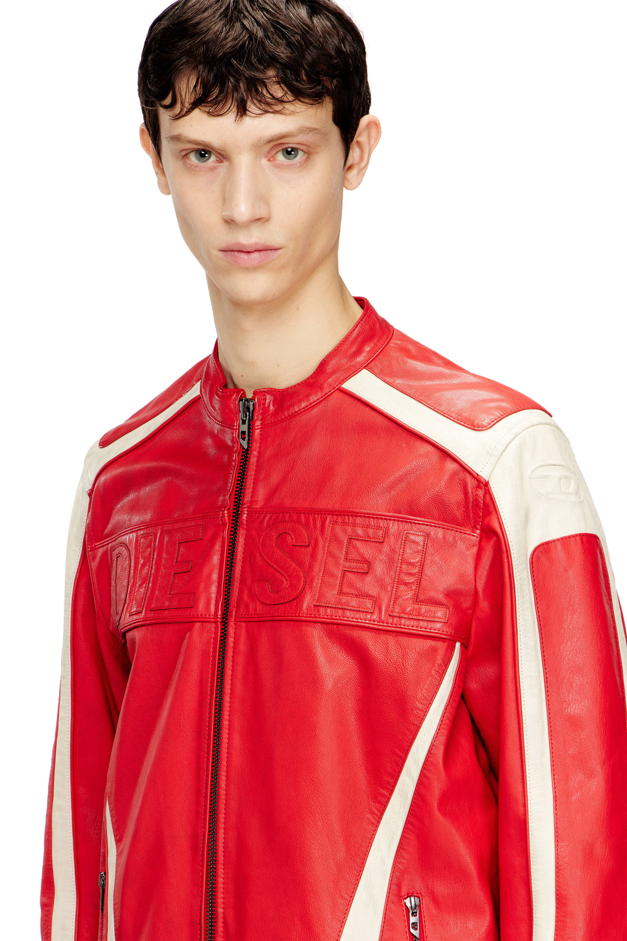 Diesel - L-ADAM, Man's Colour-block leather biker jacket in Red/White - 5
