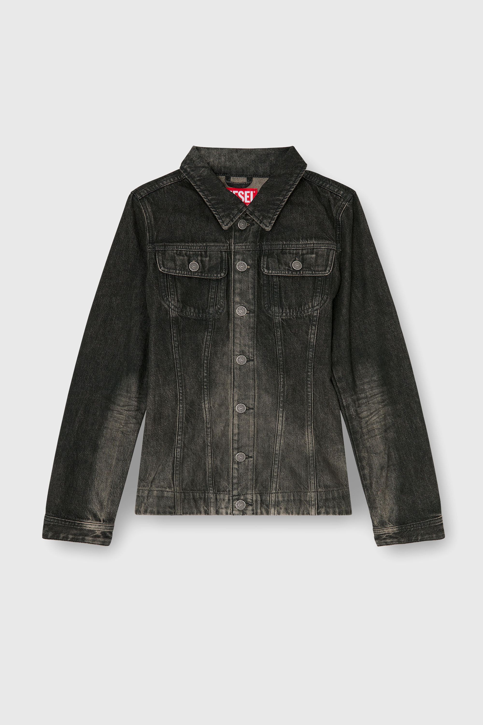 Diesel - DE-KATERIN-FSJ, Woman's Fitted trucker jacket in dirty-effect denim in Black - 2