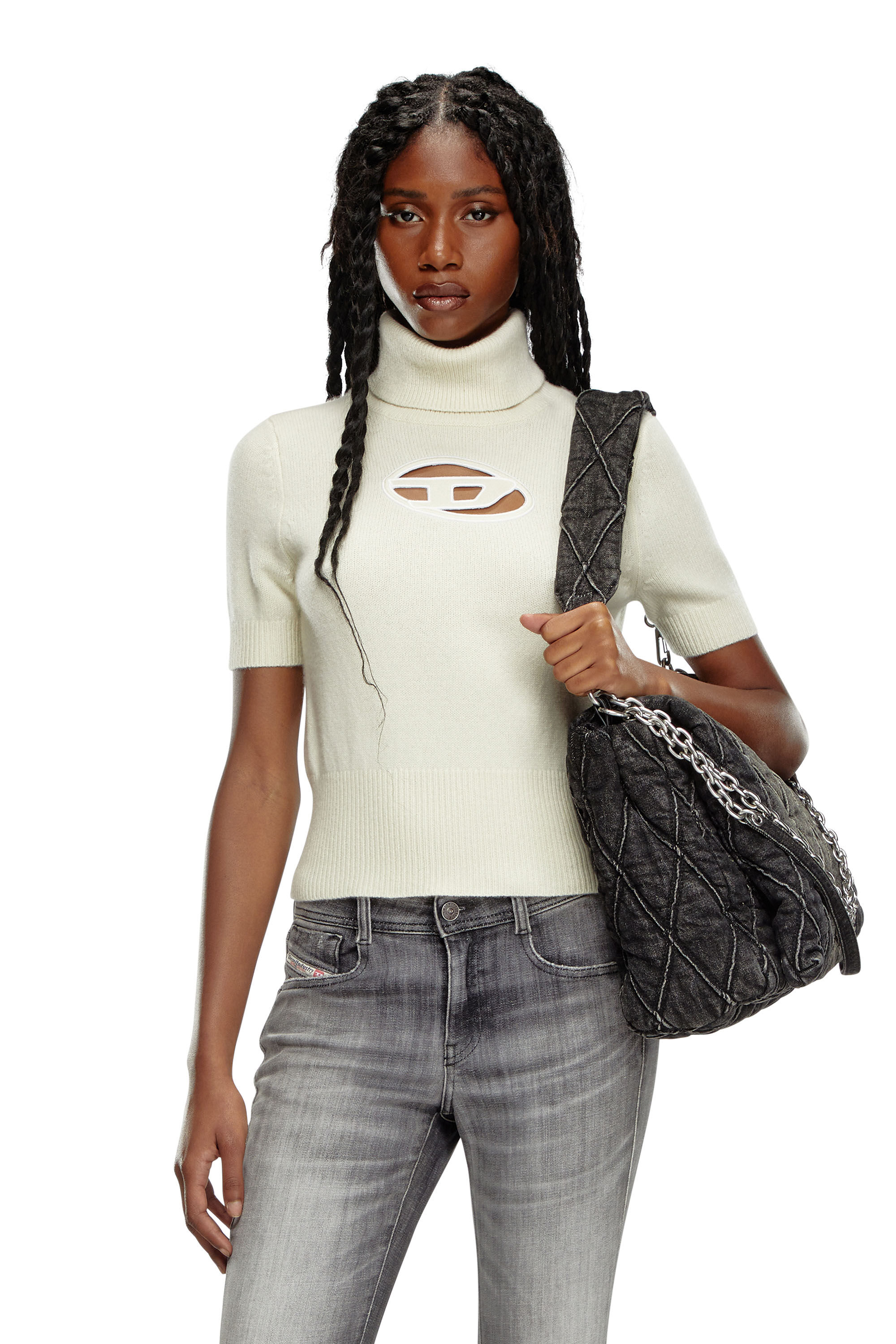 Diesel - M-ARGARET, Woman's Short-sleeve jumper with cut-out logo in White - 3