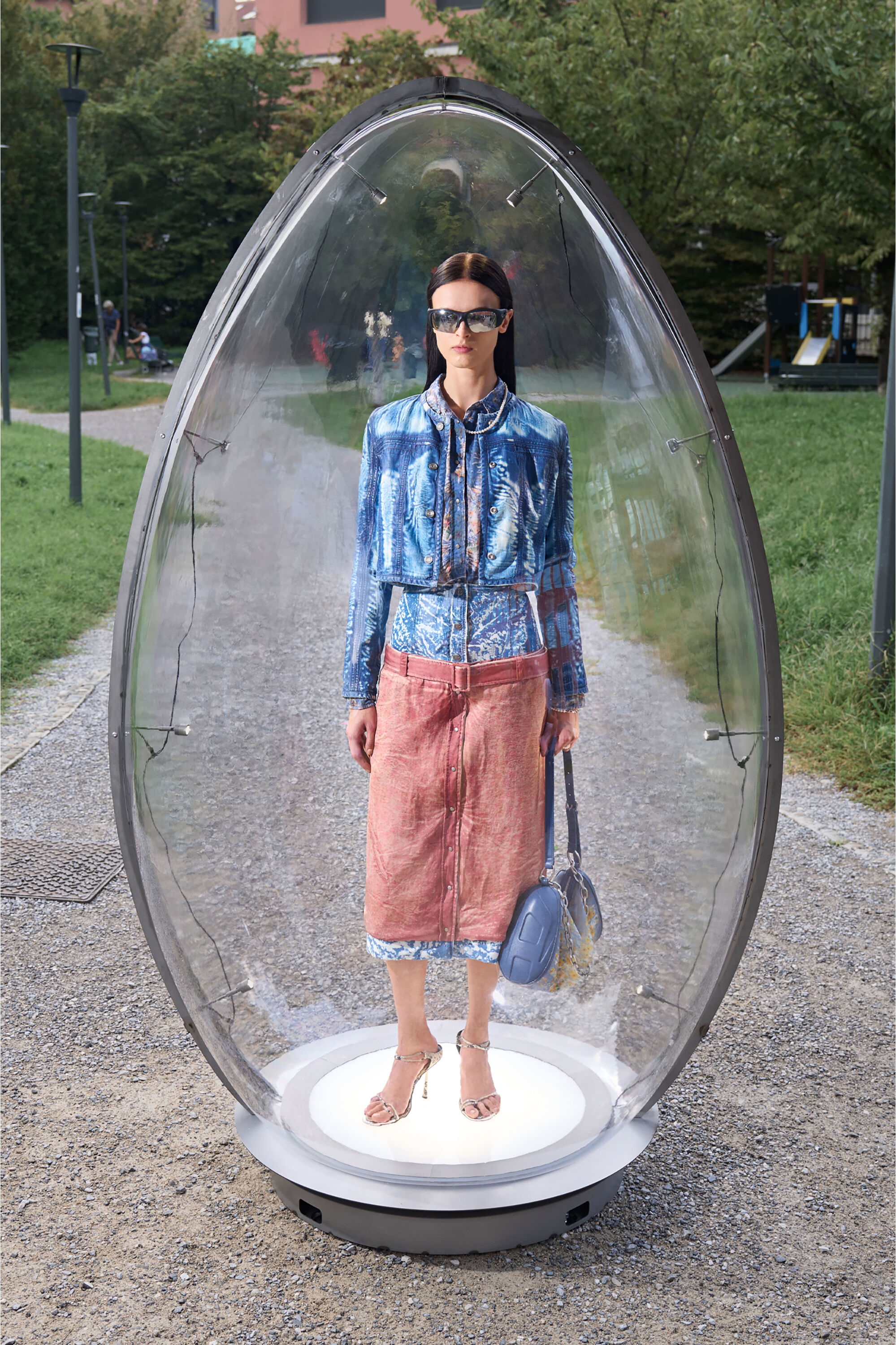 Diesel - O-SSIDO, Woman's Midi skirt with layered effect in Blue/Brown - 5