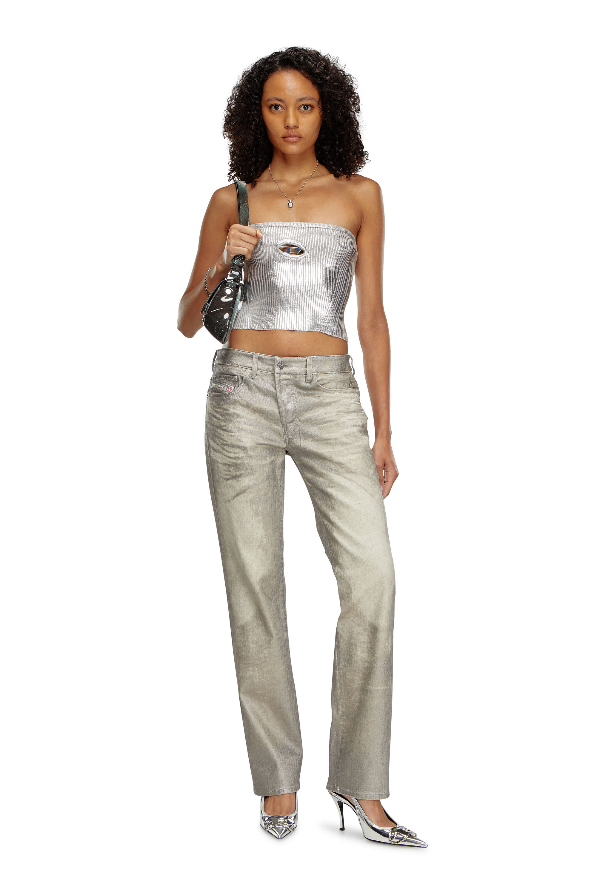 Diesel - M-CLARKSVILLEX-C, Woman's Metallic tube top with logo hardware in Grey - 1