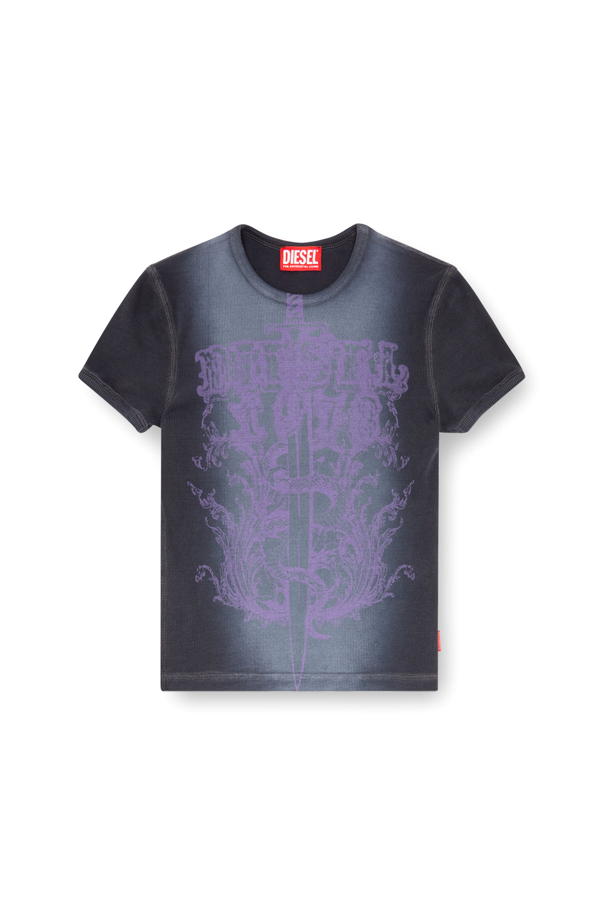 Diesel - T-ELE-LONG-P1, Woman's Ribbed T-shirt with Diesel sword print in Black/Violet - 2