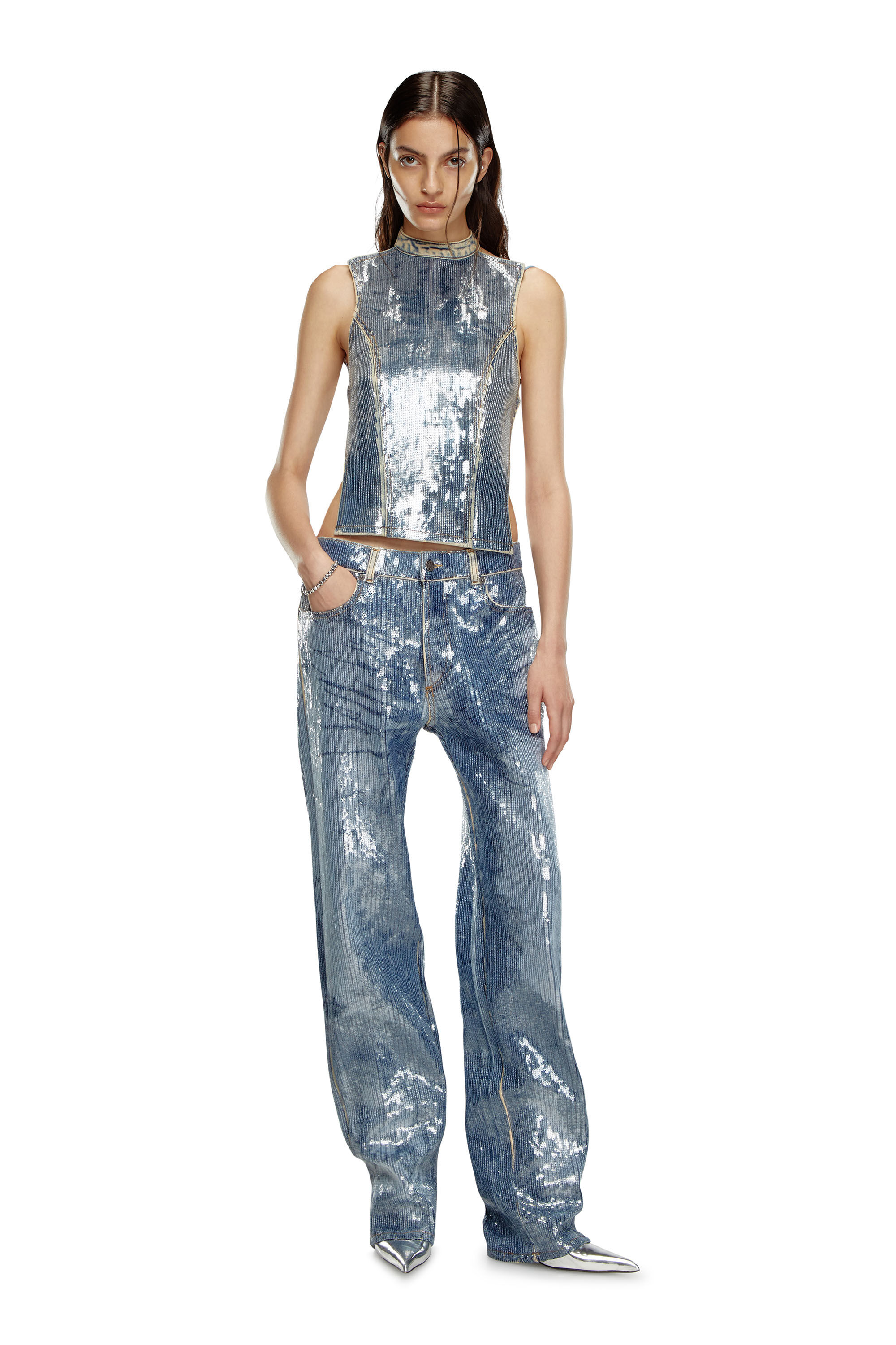 Diesel - DE-CAMY-S, Woman's Open-back top in sequined denim in Medium blue - 1