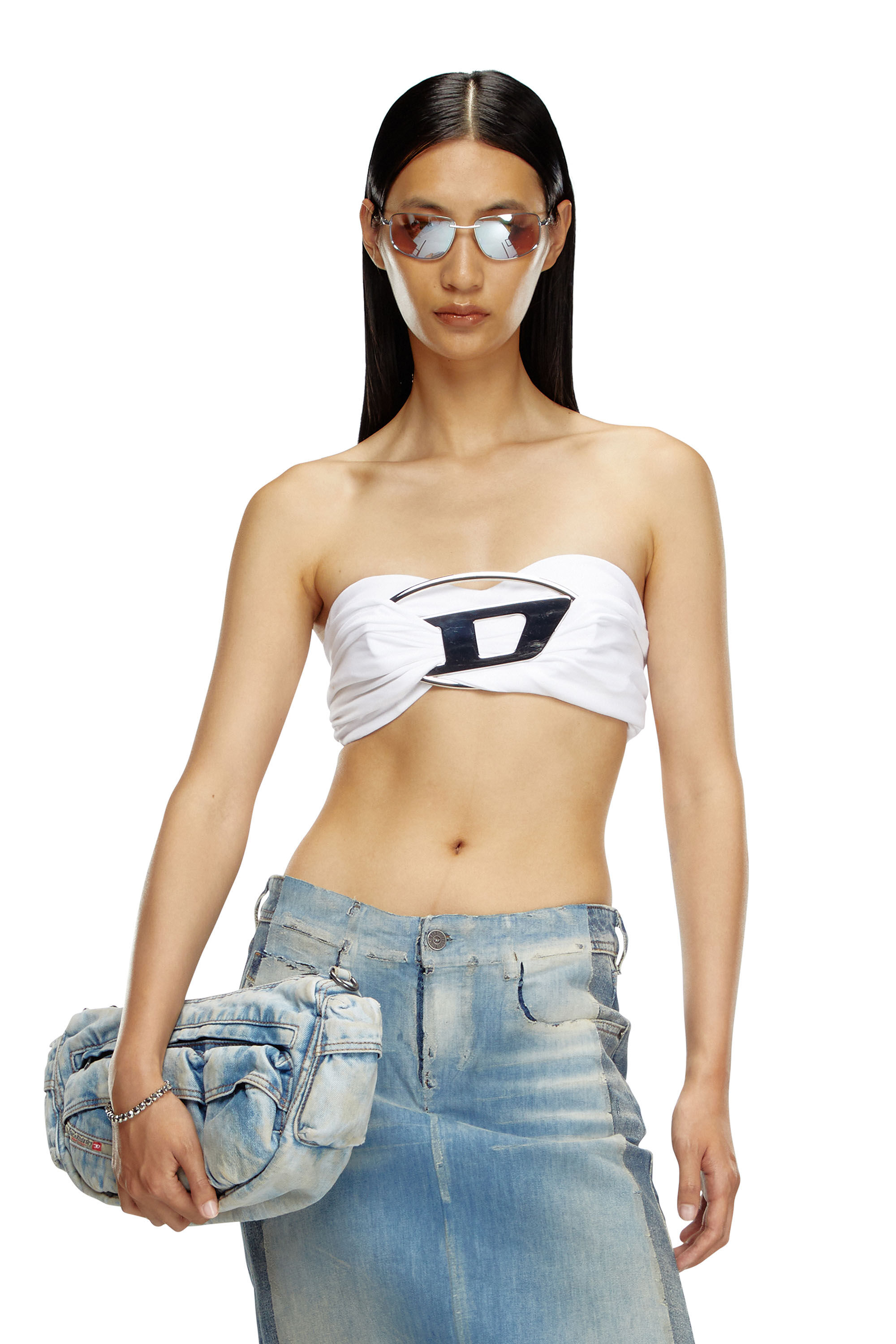 Diesel - T-BENDA, Woman's Tube top with giant logo plaque in White - 3