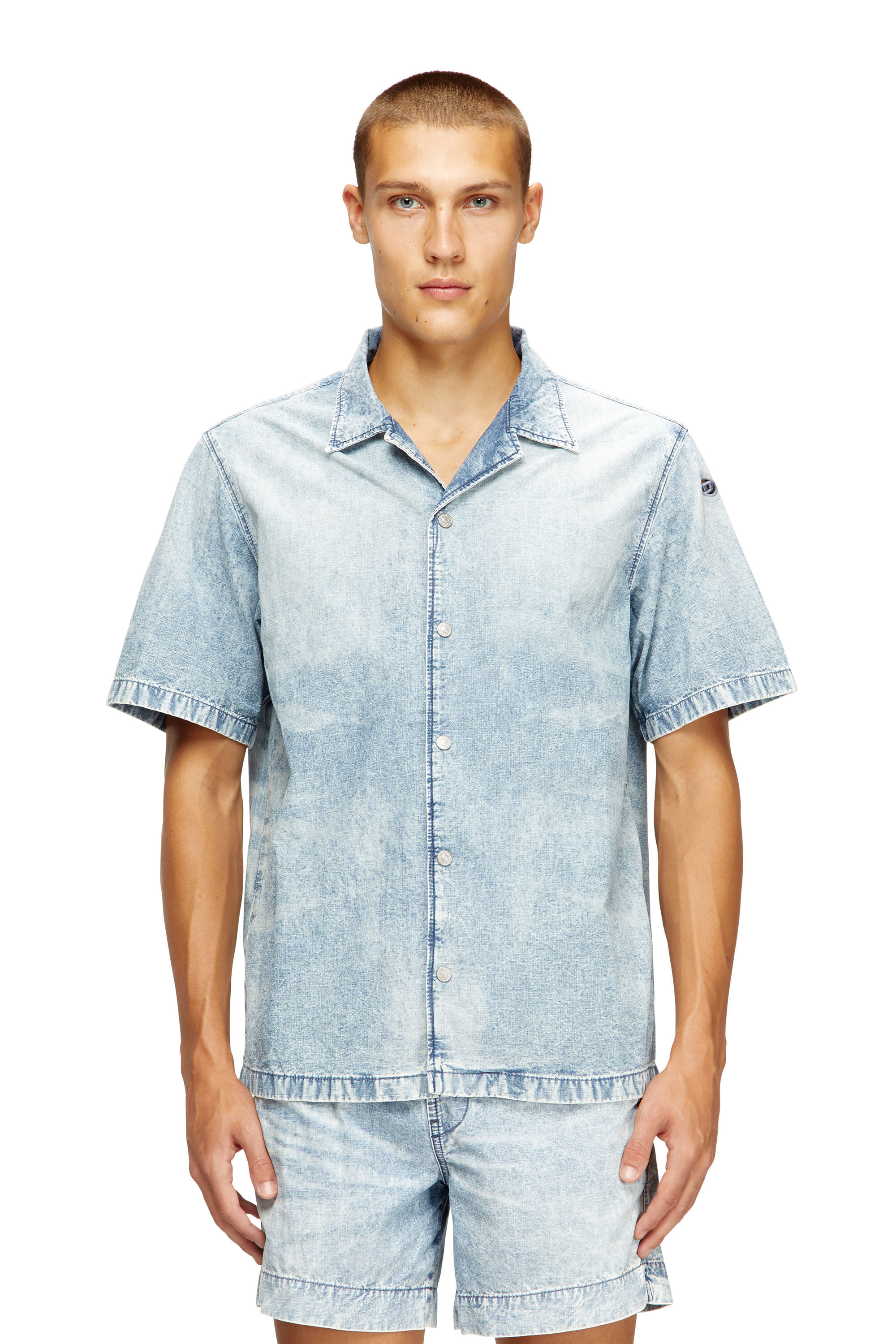 Diesel - D-NABIL-S4, Man's Bowling shirt in marbled denim in null - 3