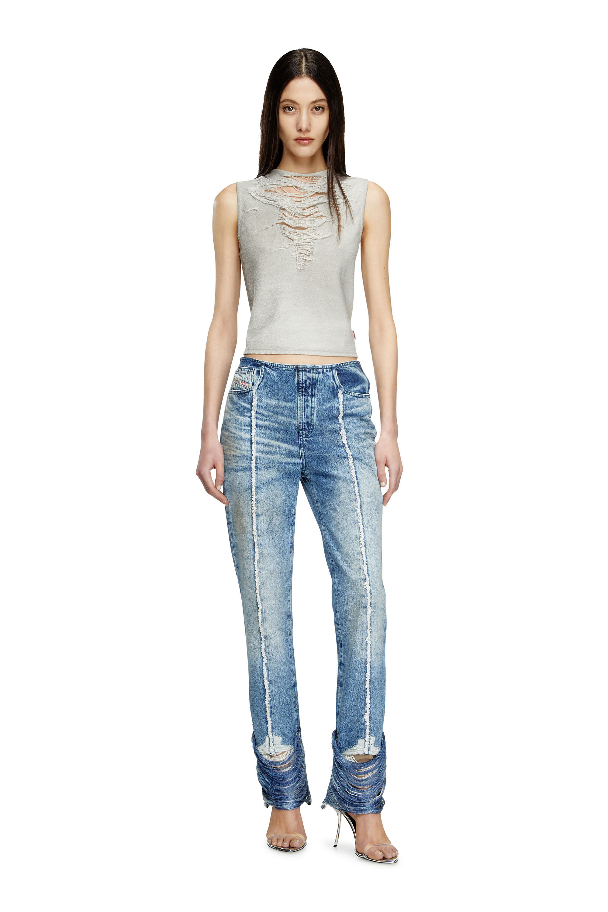Diesel - T-YASMINA, Woman's Tank top with distressed front in Light Grey - 1