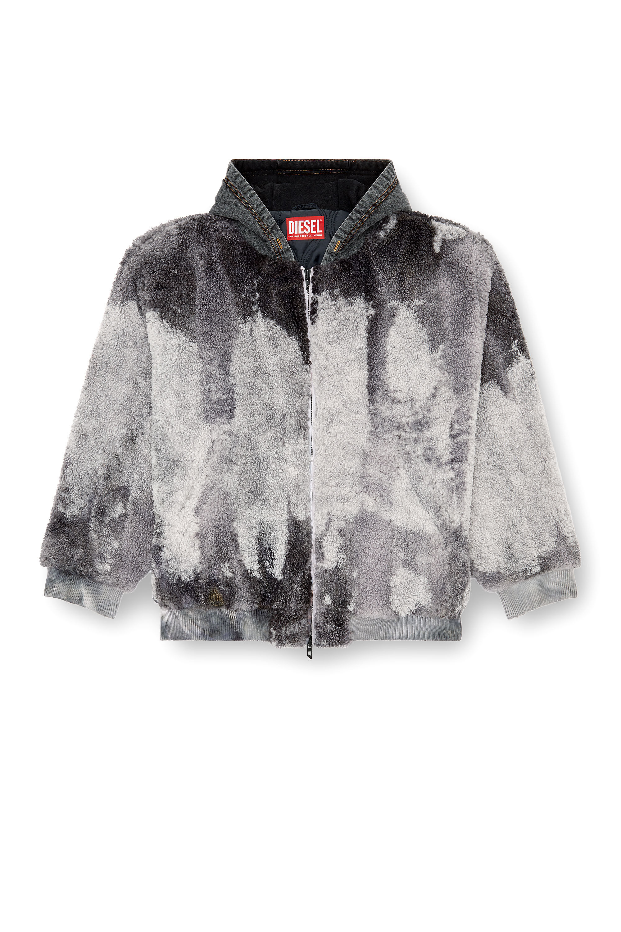 Diesel - S-DEPLA, Man's Tie-dyed teddy jacket with denim hood in Grey - 2