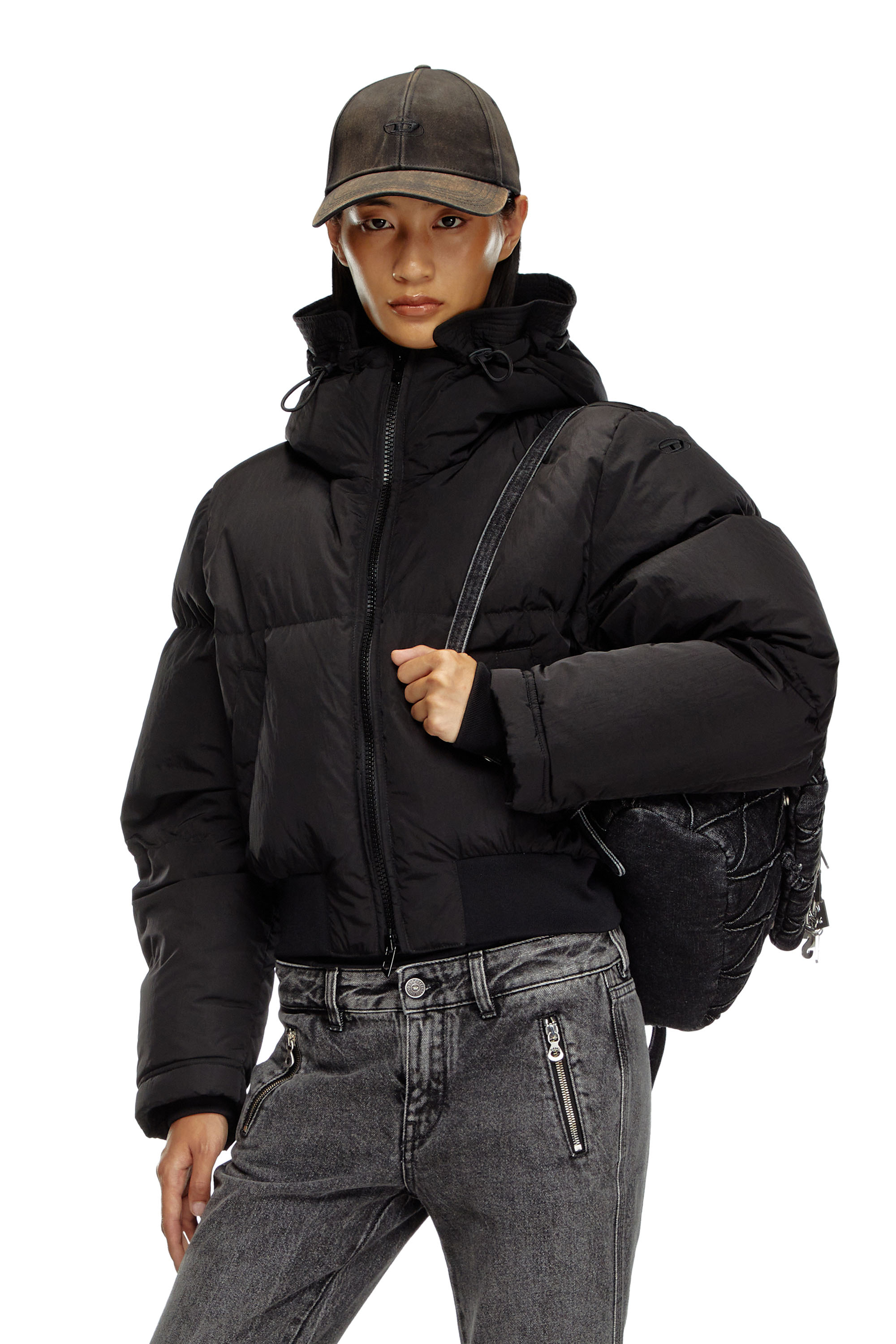 W-PEYT-SHORT-NEW-P1, Black Diesel - W-PEYT-SHORT-NEW-P1, Woman's Hooded down jacket in crinkled nylon in Black - 3