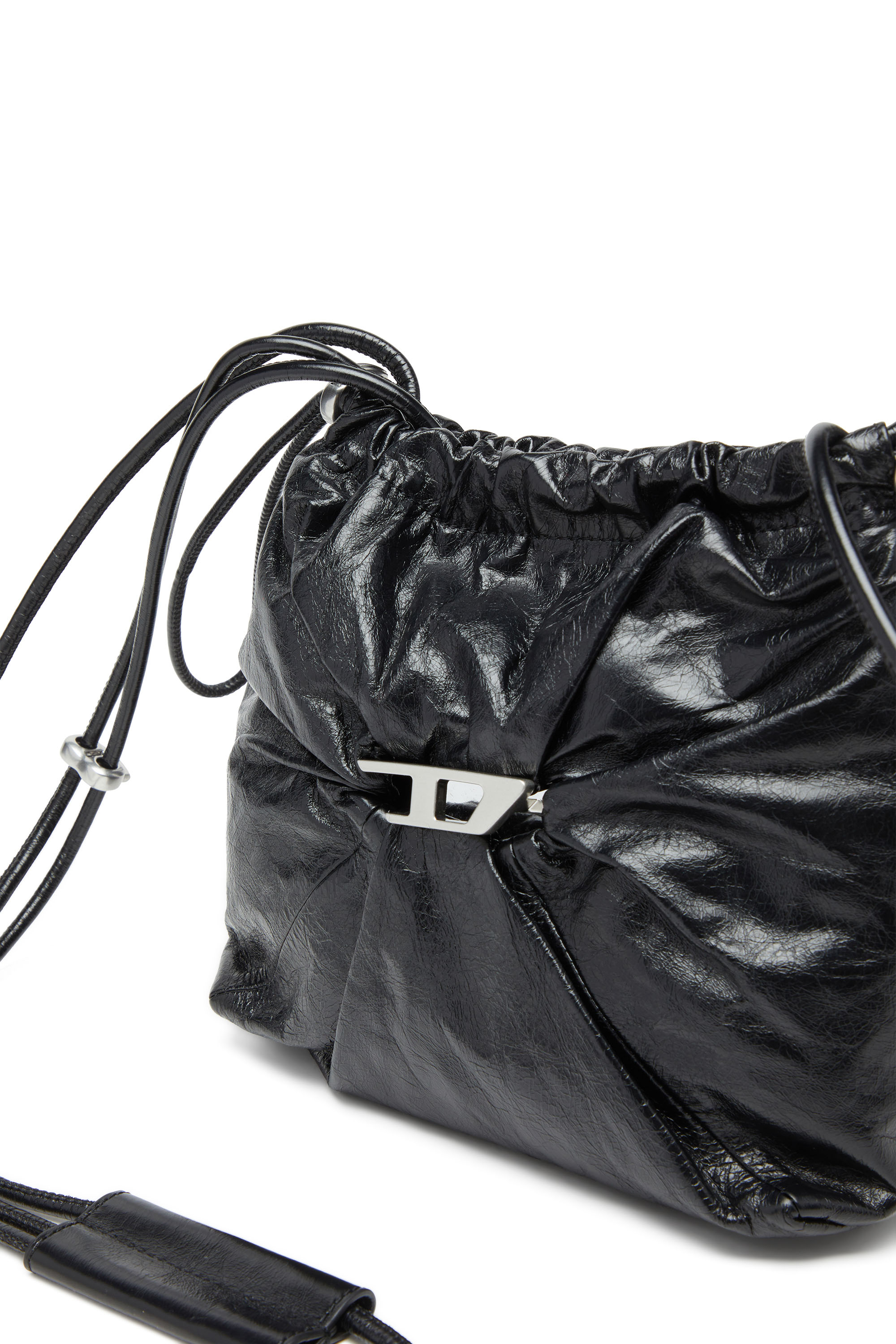 Diesel - SCRUNCH-D BUCKET, Woman's Bucket bag in shiny wrinkled leather in Black - 5