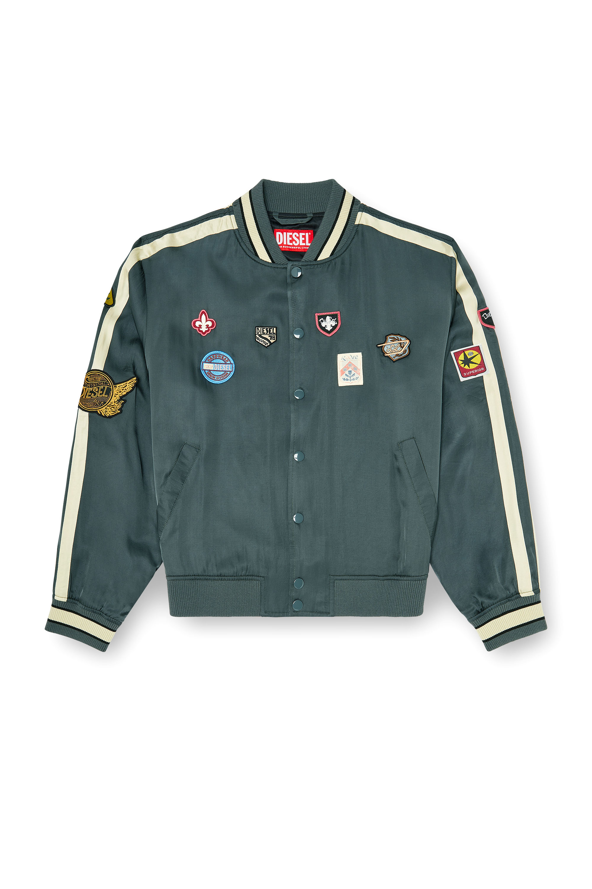 Diesel - J-ANNU, Man's Satin bomber jacket with patches in Dark Green - 2