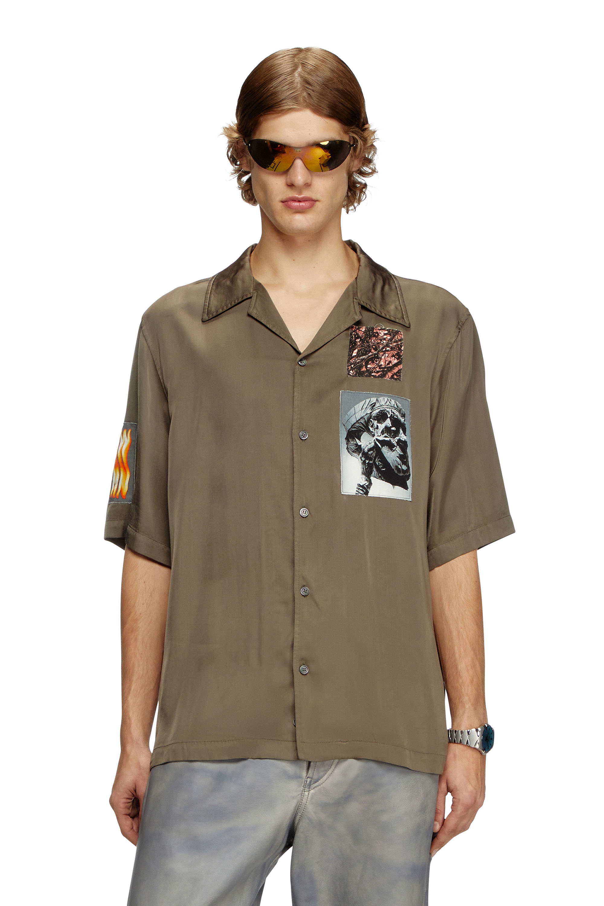 Diesel - S-DAXHE, Man's Short-sleeve satin shirt with patches in Military Green - 1