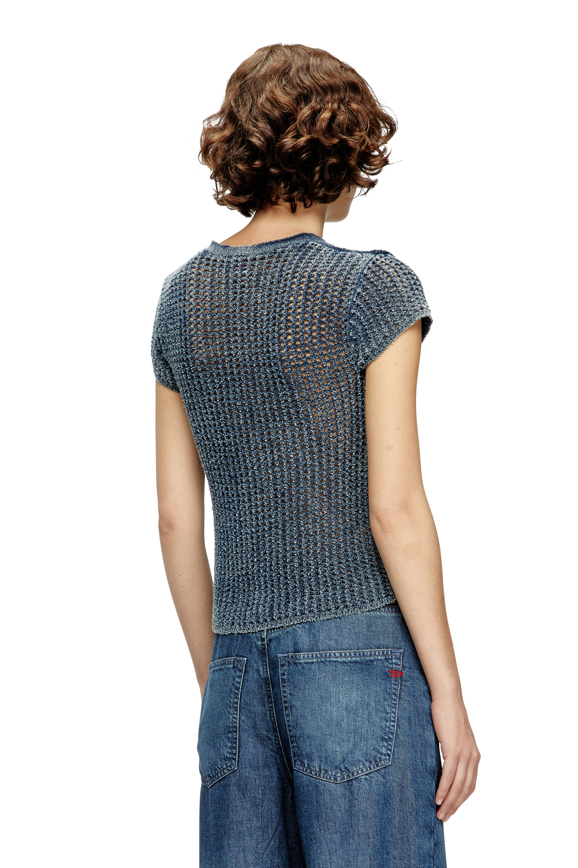 Diesel - M-REZ, Woman's Short-sleeve cardigan in denim mesh knit in Medium blue - 4