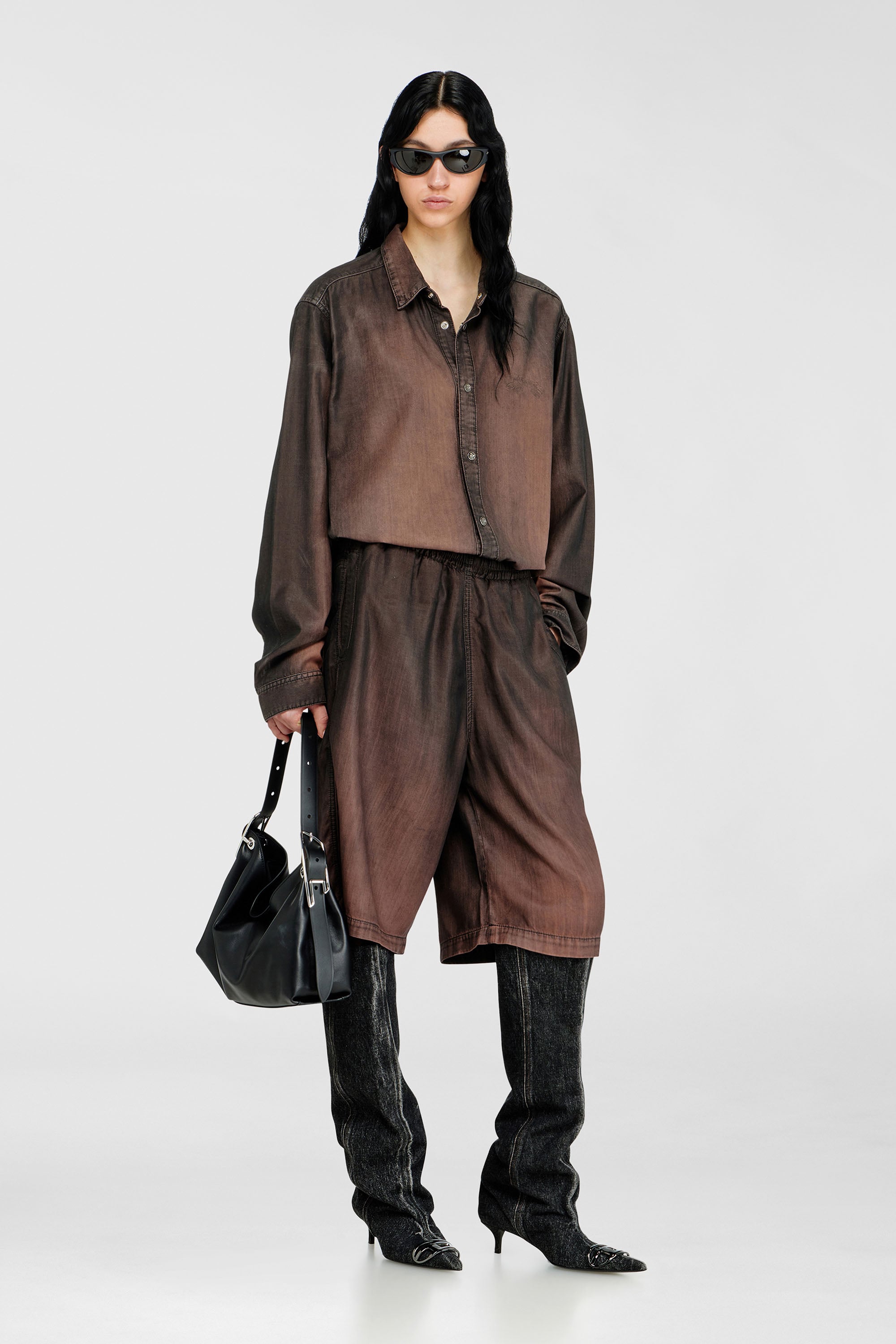 Diesel - D-RODER-SHORT-S, Unisex's Relaxed bermuda shorts in fluid coated denim in Brown - 1