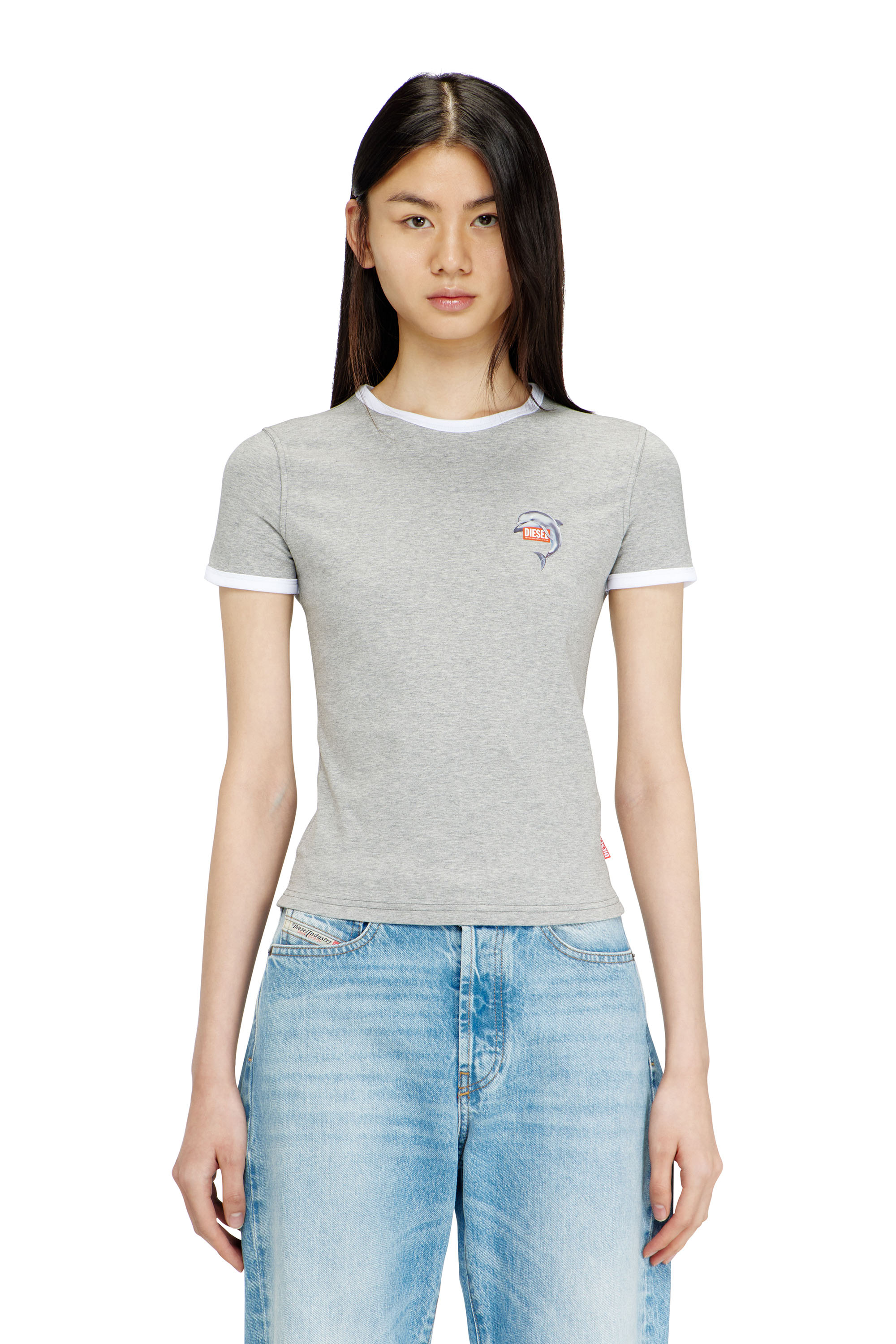 Diesel - T-UNCUTIES-LONG-S13, Woman's Slim ring T-shirt with dolphin print in Grey - 3