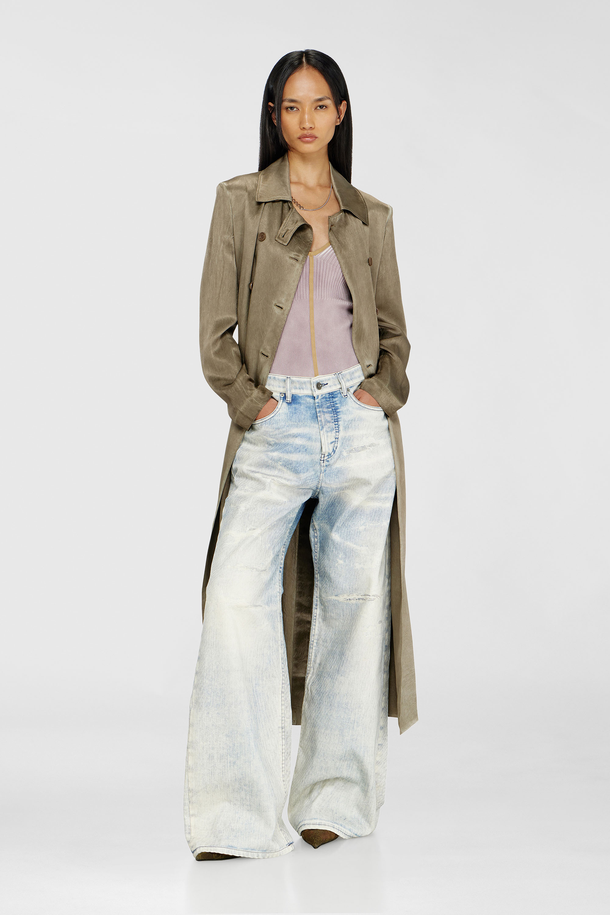 Diesel - G-LADES, Woman's Trench coat in wrinkled satin in Light Brown - 1