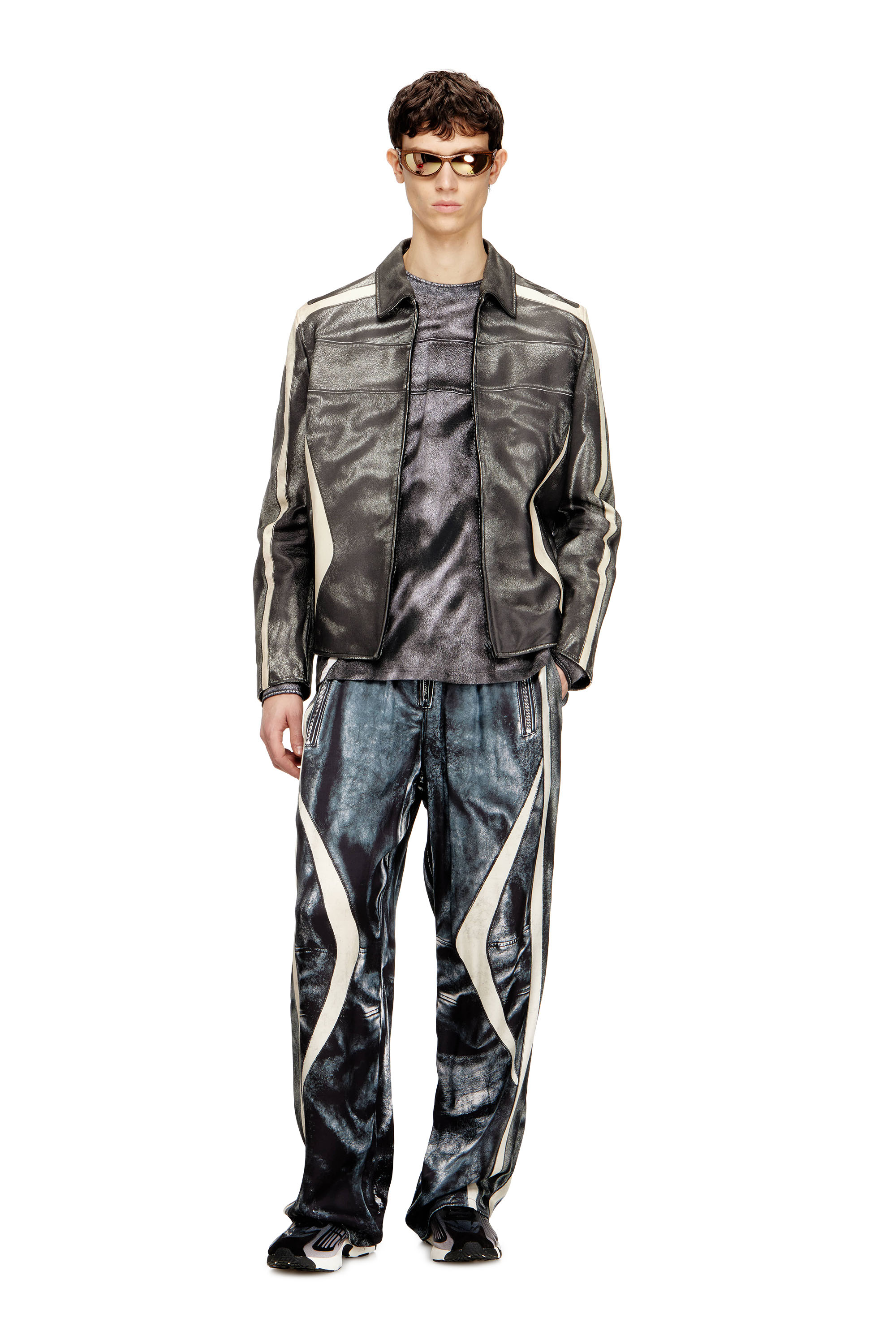 Diesel - L-AMAR-ENBI, Man's Leather coach jacket with biker print in Black/White - 2