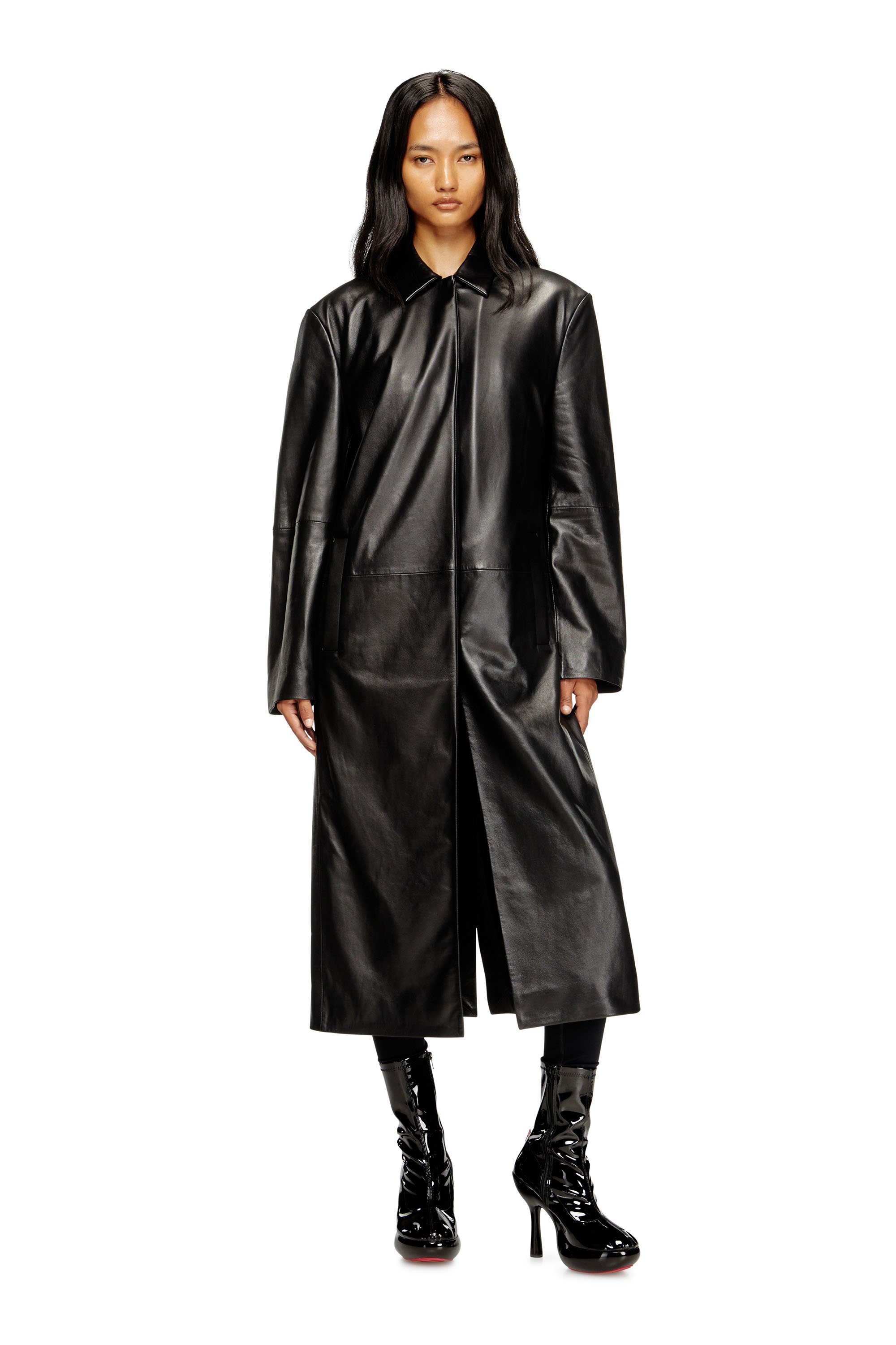 Diesel - L-ANCELOT, Woman's Long padded leather coat in Black - 1