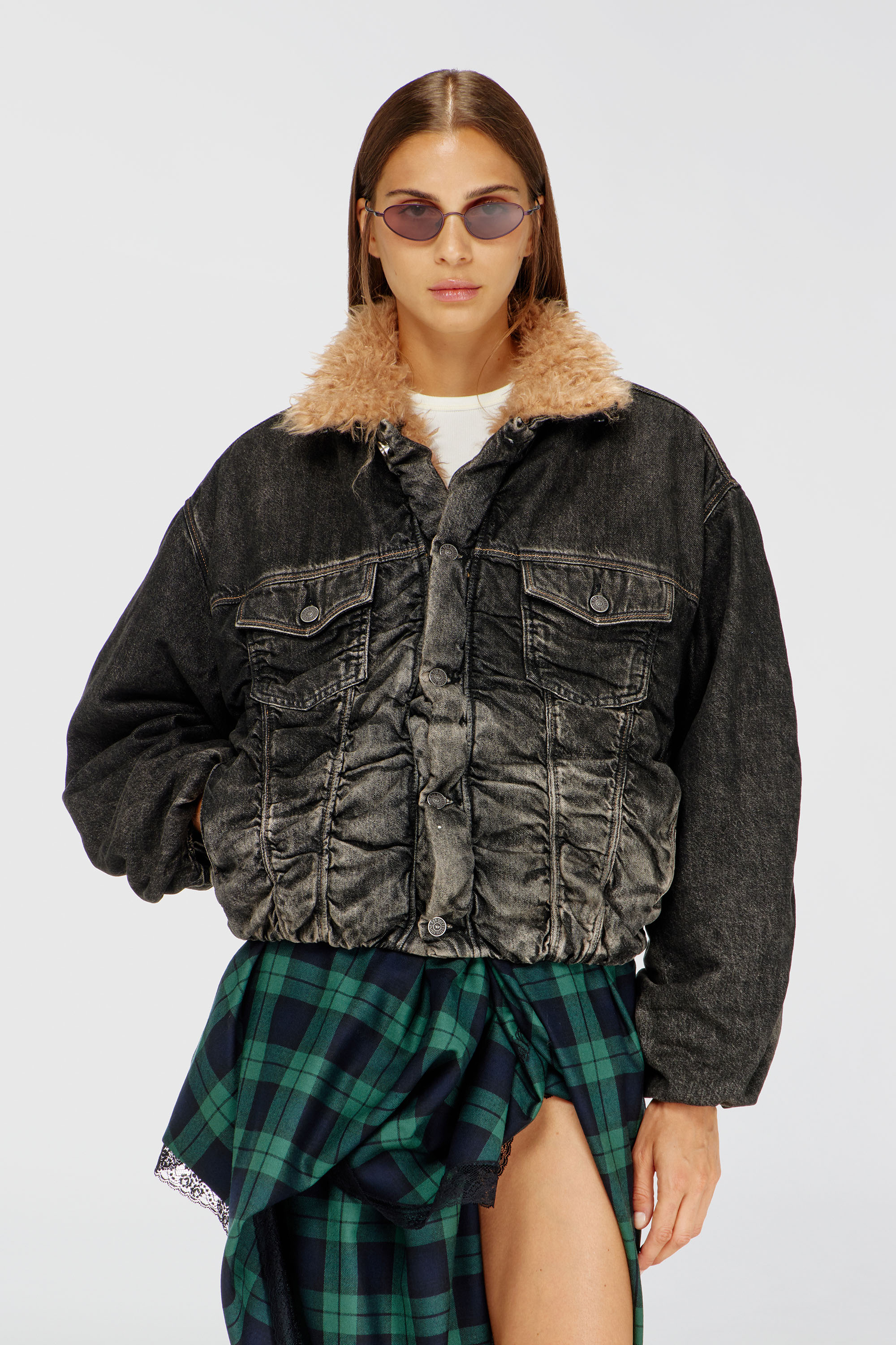 Diesel - D-CURLY-FSJ, Unisex's Teddy-lined trucker jacket in dirty-effect denim in Black/Dark grey - 1