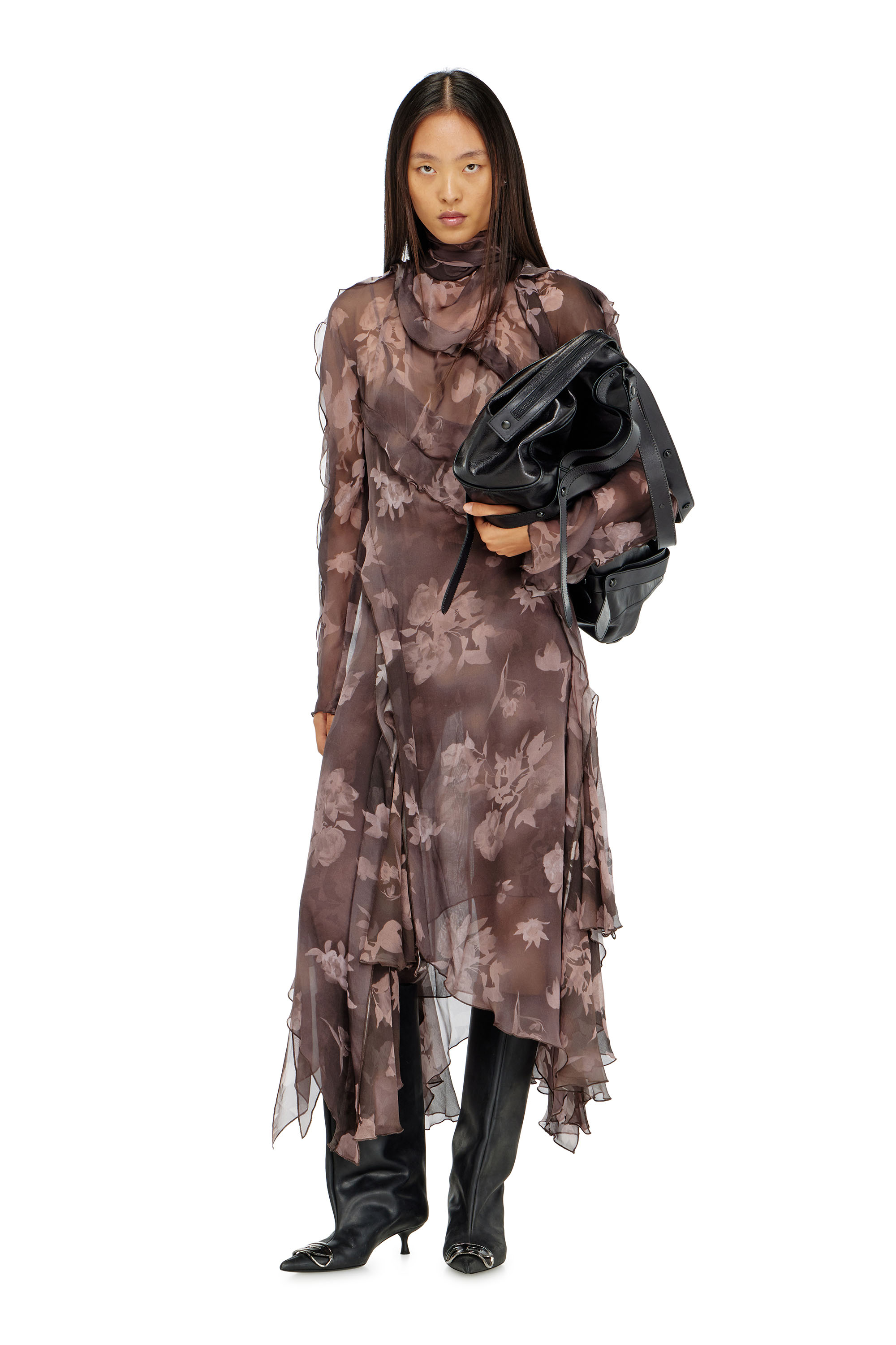 Diesel - D-RIADI, Woman's Asymmetric midi dress in chiffon and silk-crepe in Brown - 2