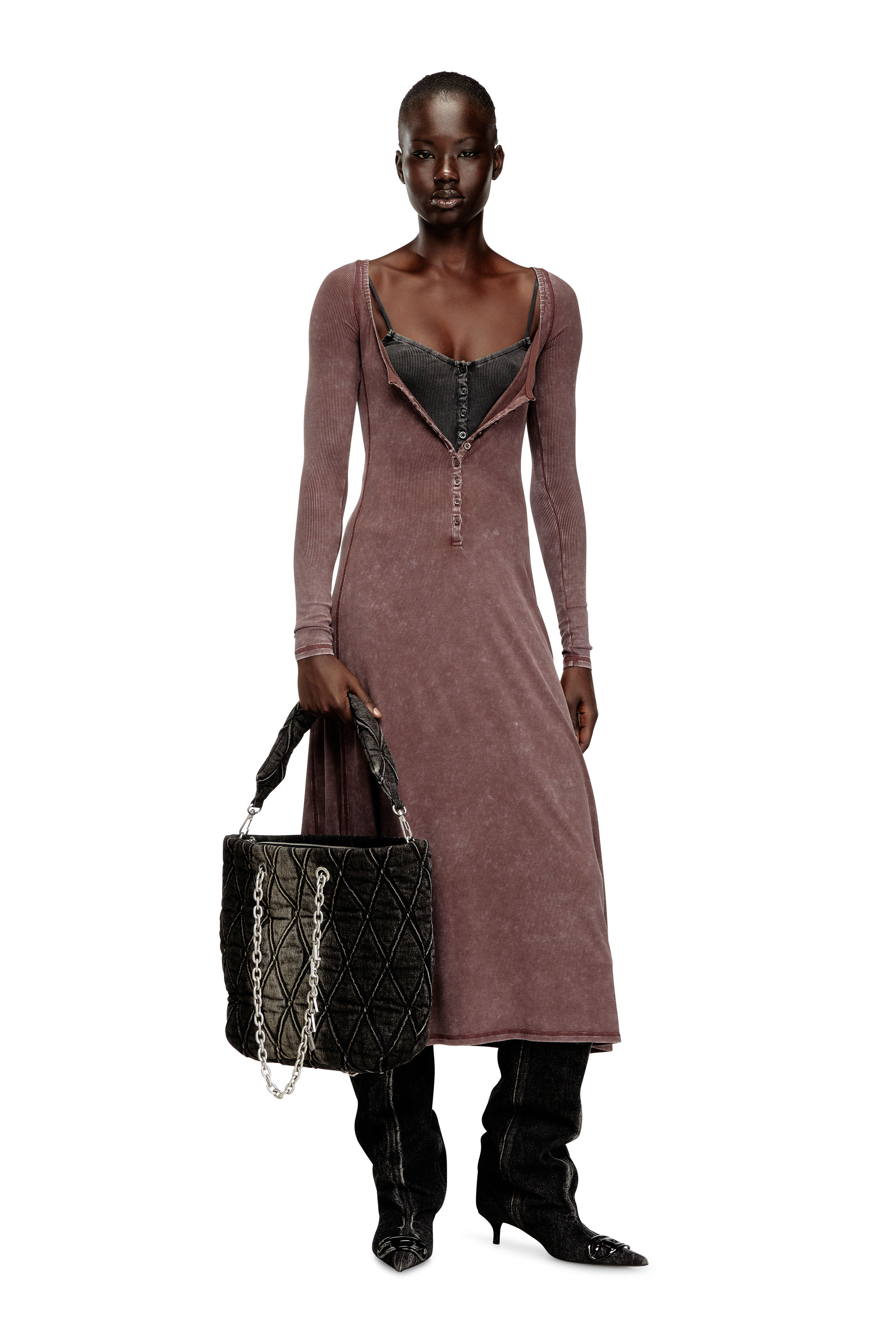 Diesel - CHARM-D SHOPPER M, Woman's Charm-D-Tote bag in quilted denim in Black - 6