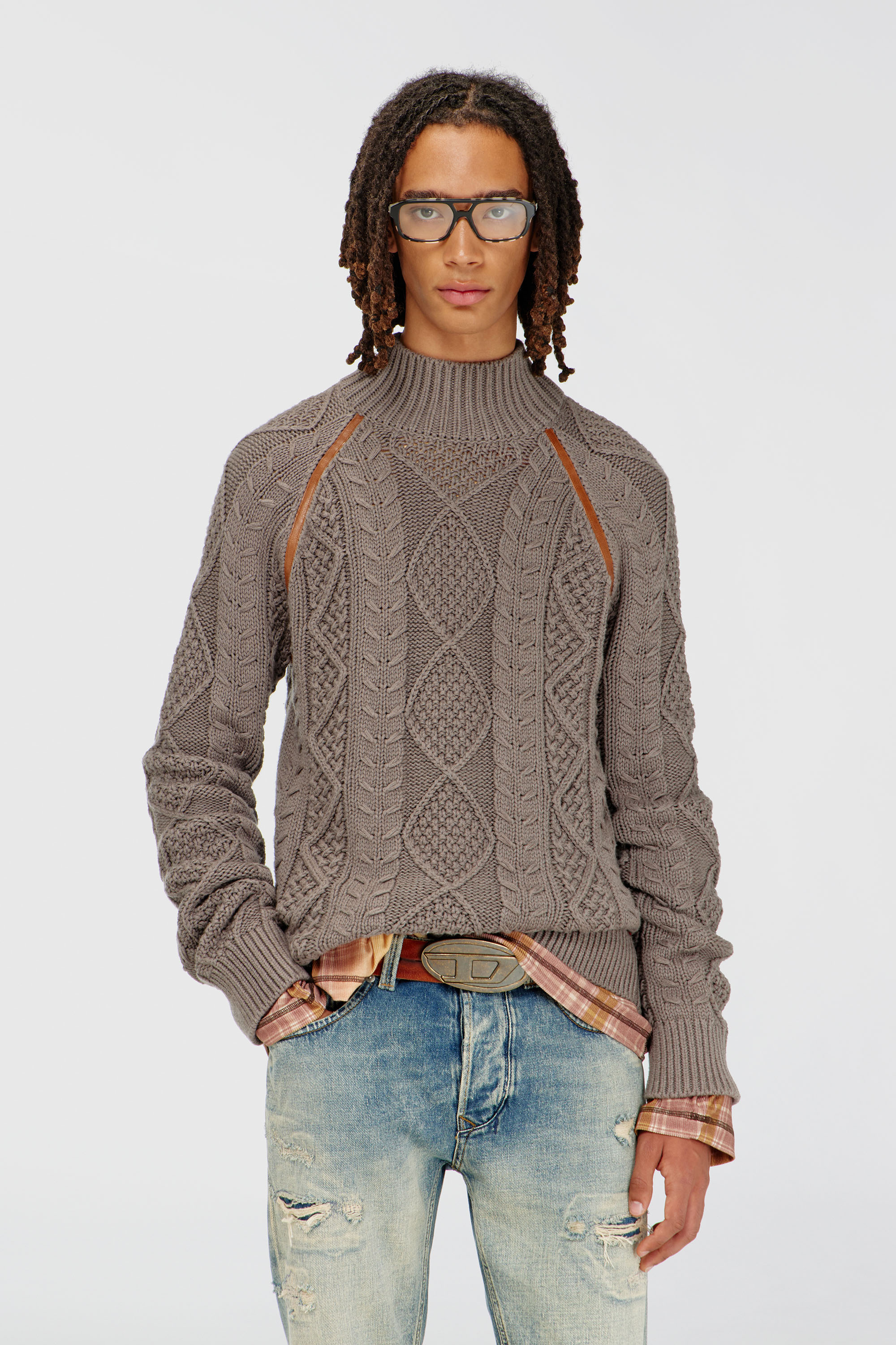 Diesel - K-INOME, Man's Turtleneck jumper in cable knit in Grey - 1