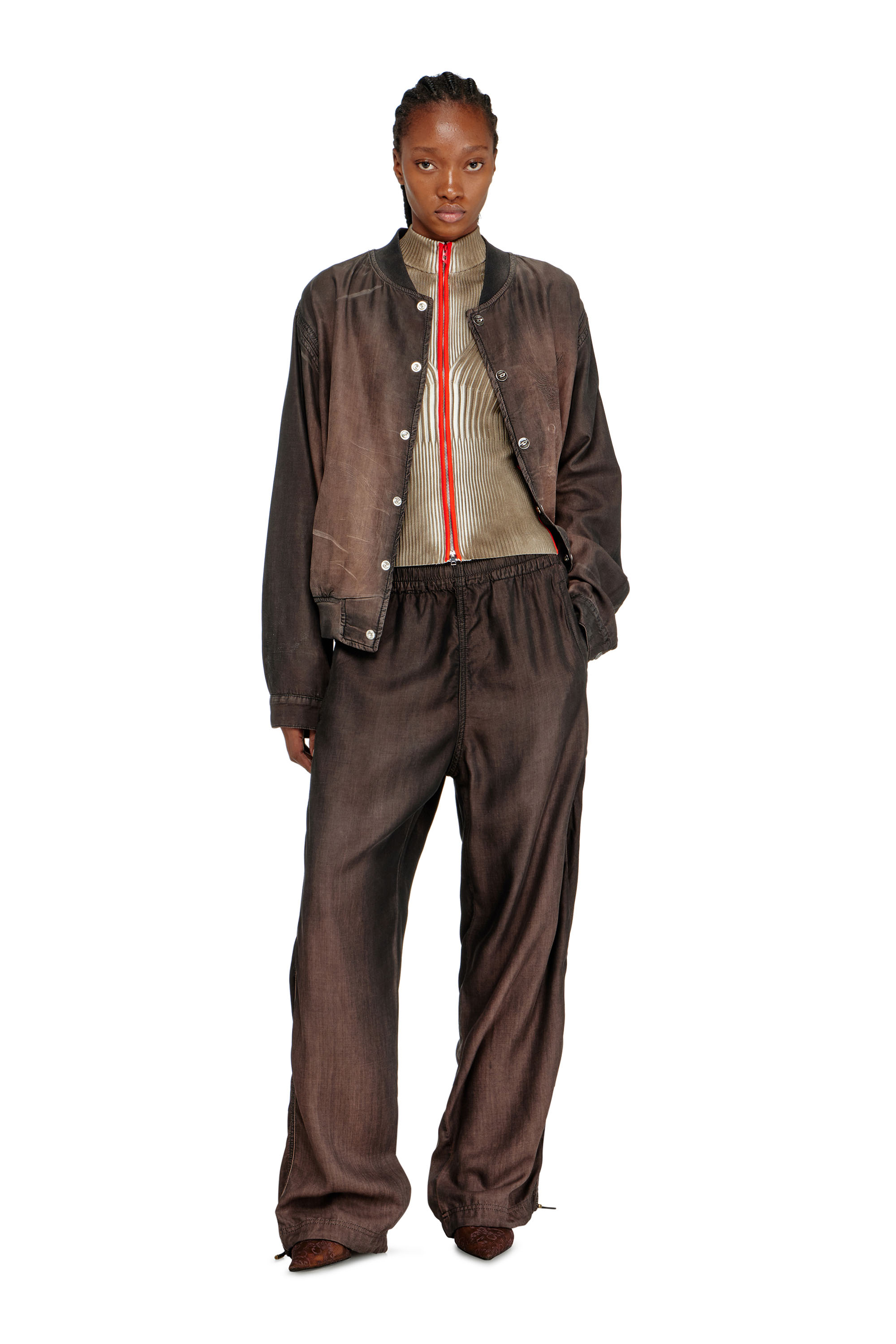 Diesel - M-SARMA, Woman's Ribbed zip cardigan with contrast bands in Red/Brown - 2