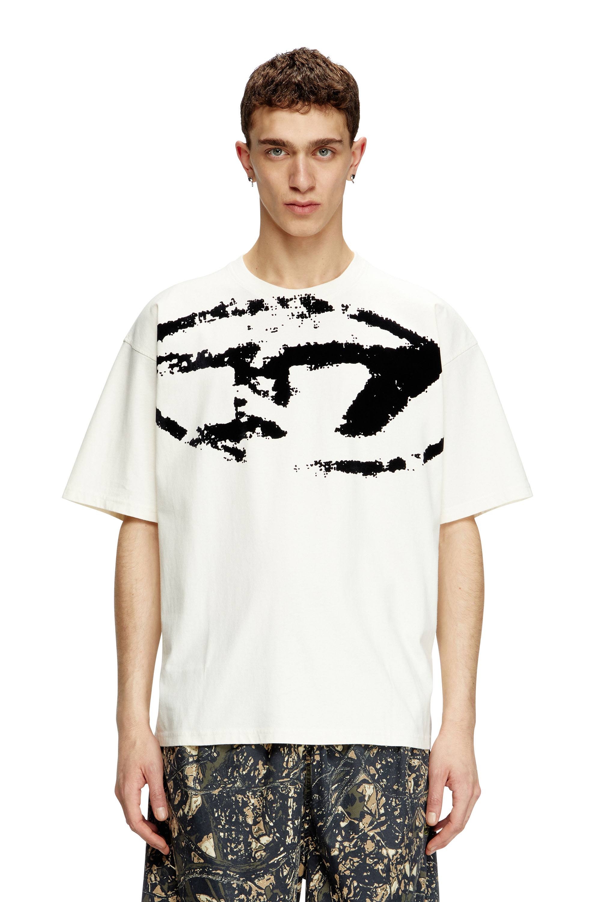 Diesel - T-BOXT-N14, Man's T-shirt with distressed flocked logo in White/Black - 1