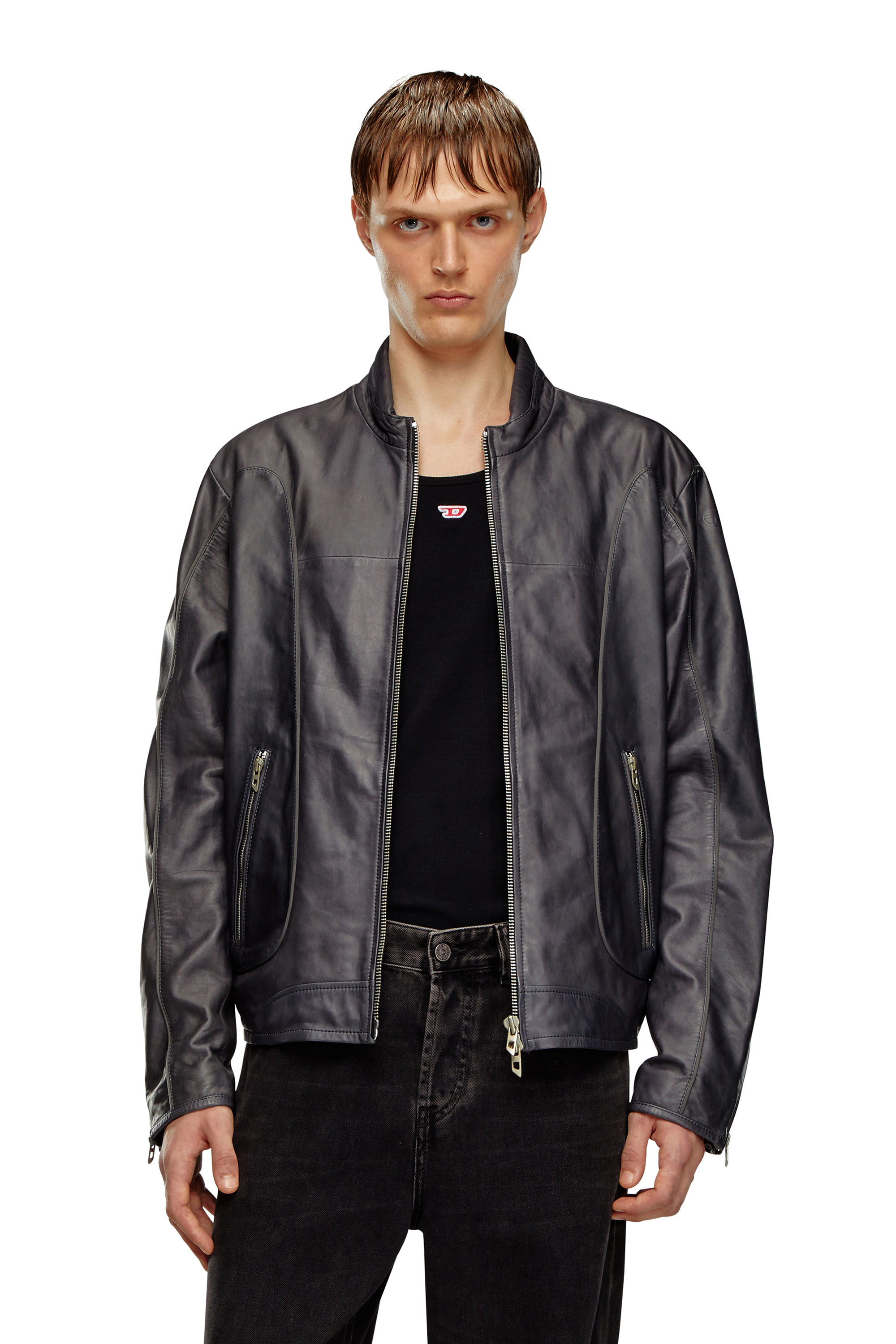 Diesel - L-KRIX, Man's Leather biker jacket with piping in Black - 3