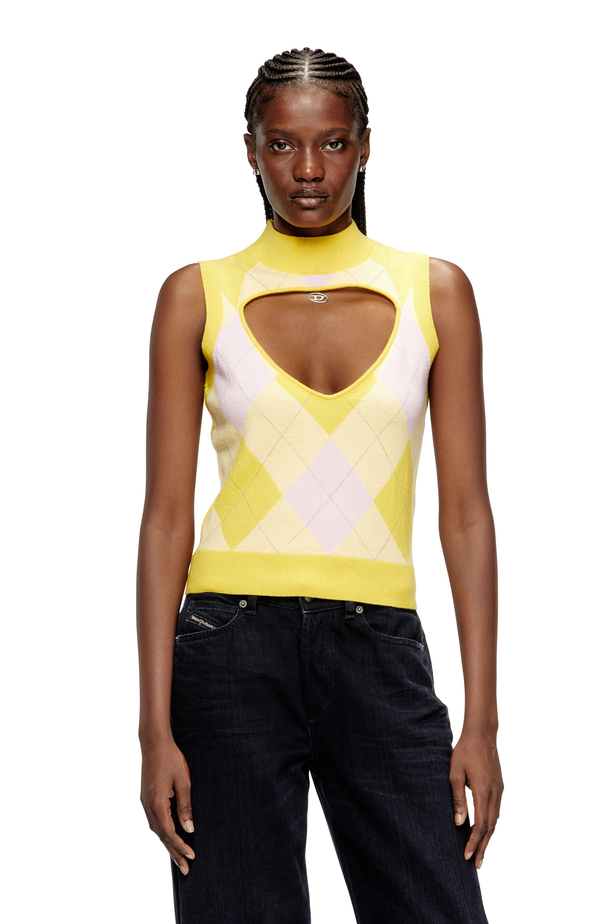 Diesel - M-ROMKO-SL, Woman's Cut-out turtleneck vest in argyle wool in null - 1