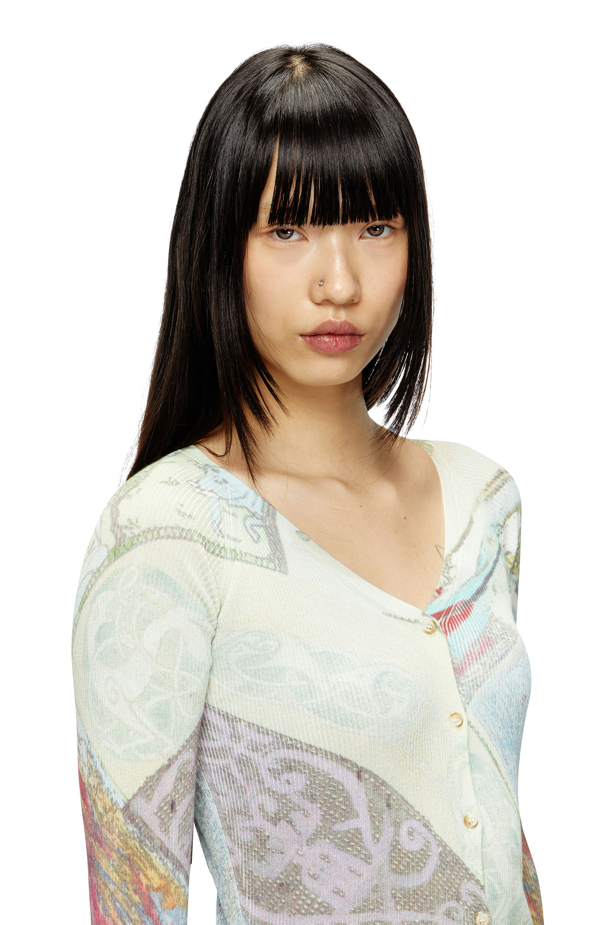 Diesel - M-FIORINA, Woman's Cropped cardigan with medieval print in Blue/Green - 5