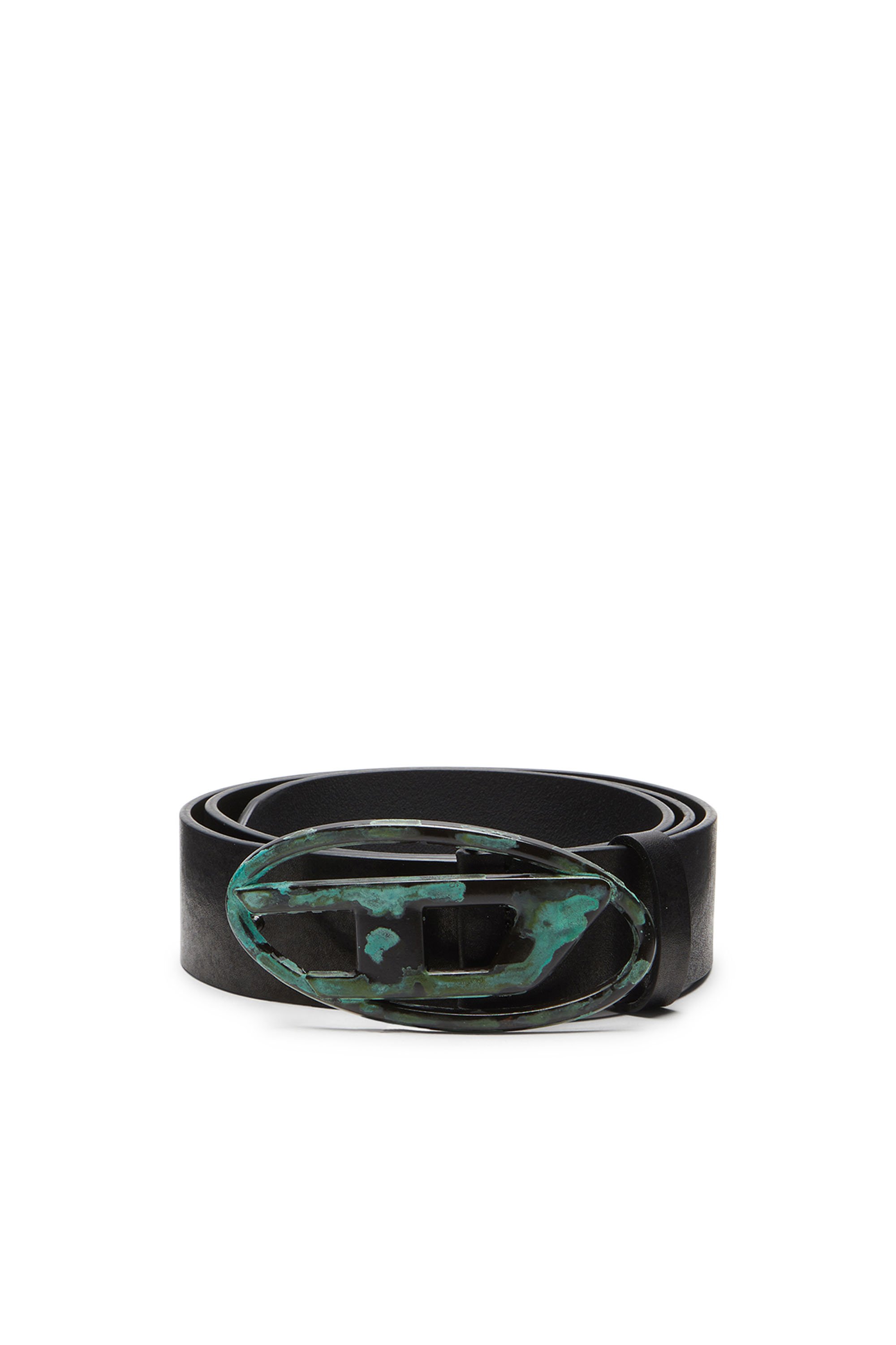 Diesel - B-1DR, Unisex's Leather belt with oxidised logo buckle in Black/Green - 1