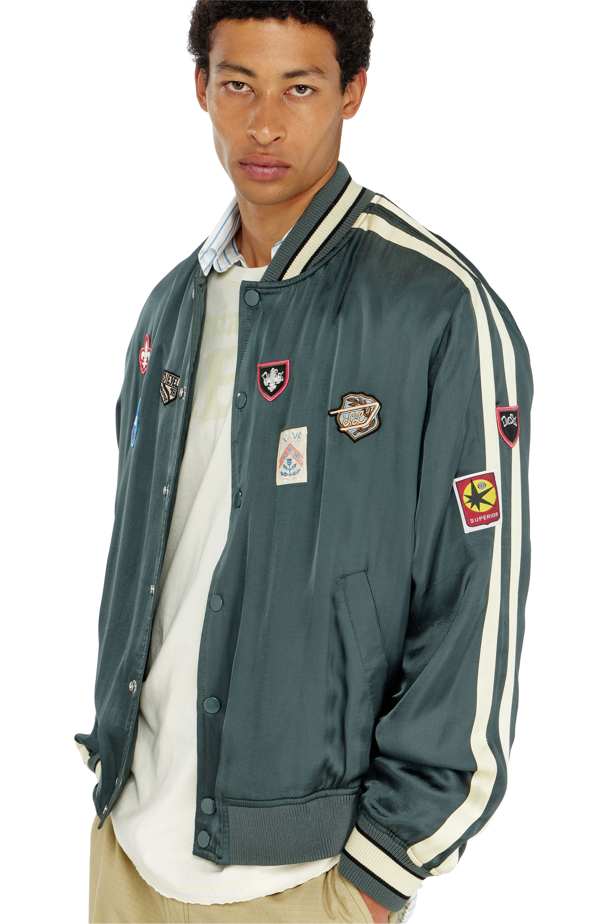 Diesel - J-ANNU, Man's Satin bomber jacket with patches in null - 4
