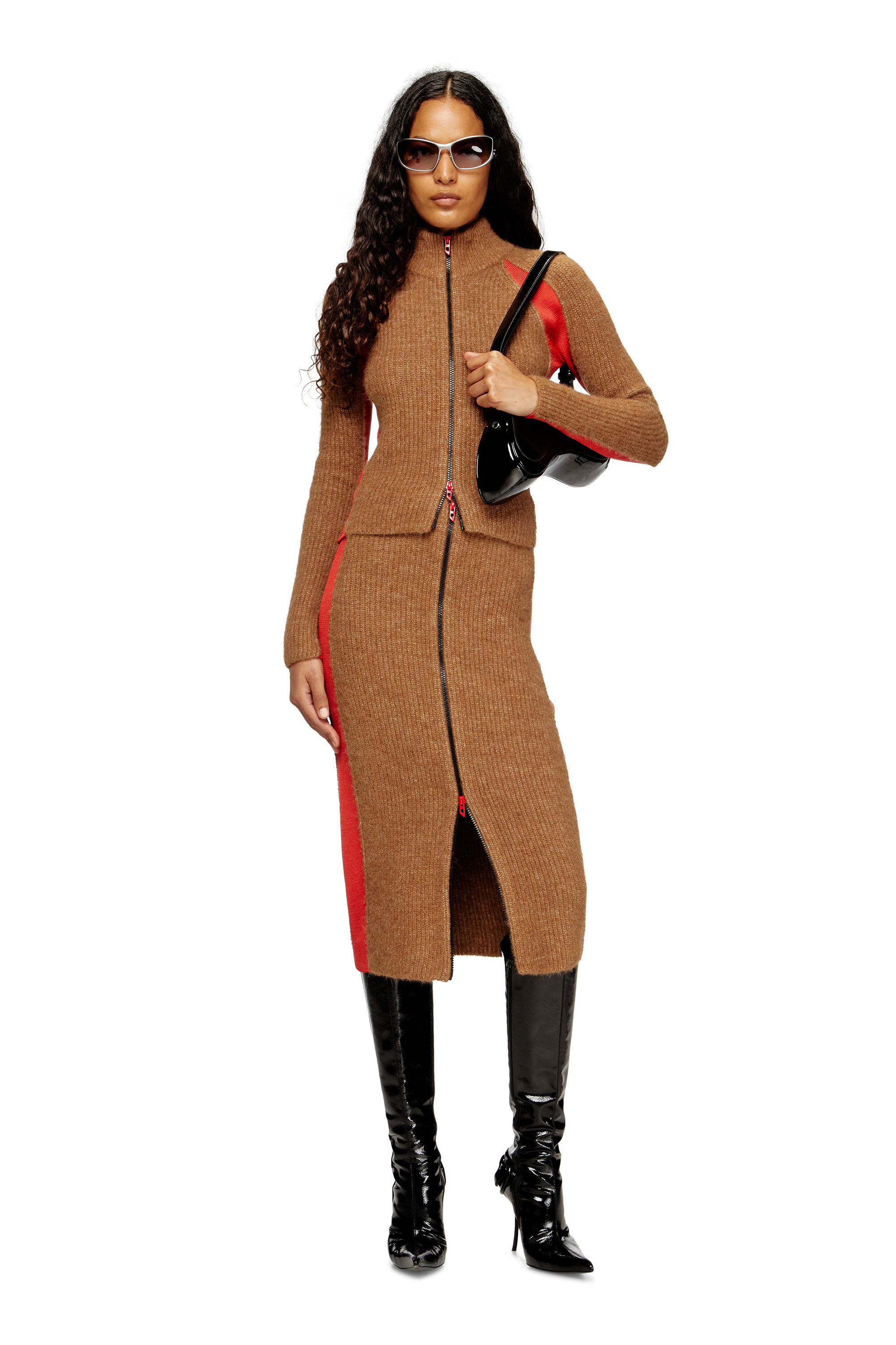 Diesel - M-LOUSI, Woman's Midi skirt in alpaca with front zipper in Brown - 1